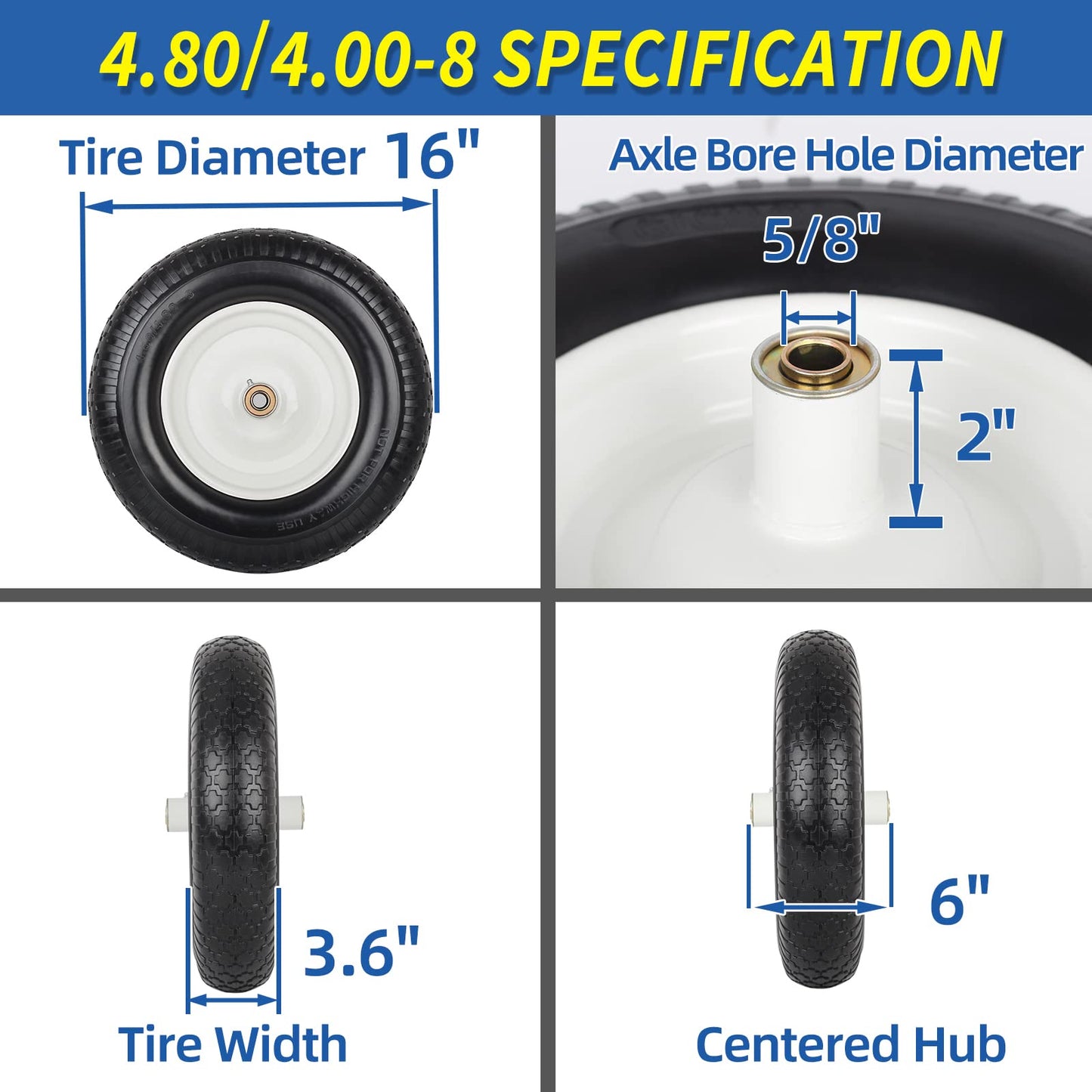 4.80/4.00-8" Flat-Free Tire and Wheel 16" Solid Wheelbarrow Tire, 6" Centered Hub, 5/8" Axle Bore Hole for Wheel Barrow Garden Utility Cart, Universal Replacement (1 pack)