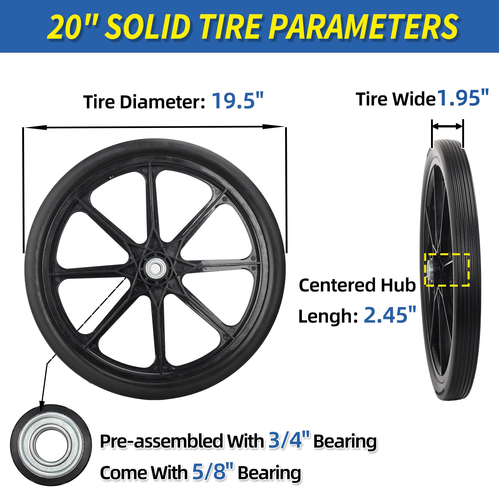 20" Flat Free Tire and Wheel, with 3/4" & 5/8" Bearing, 2.45" Centered Hub, Replacement Wheel For Rubbermaid Wheelbarrow, Garden Yard Cart, 2(pack)