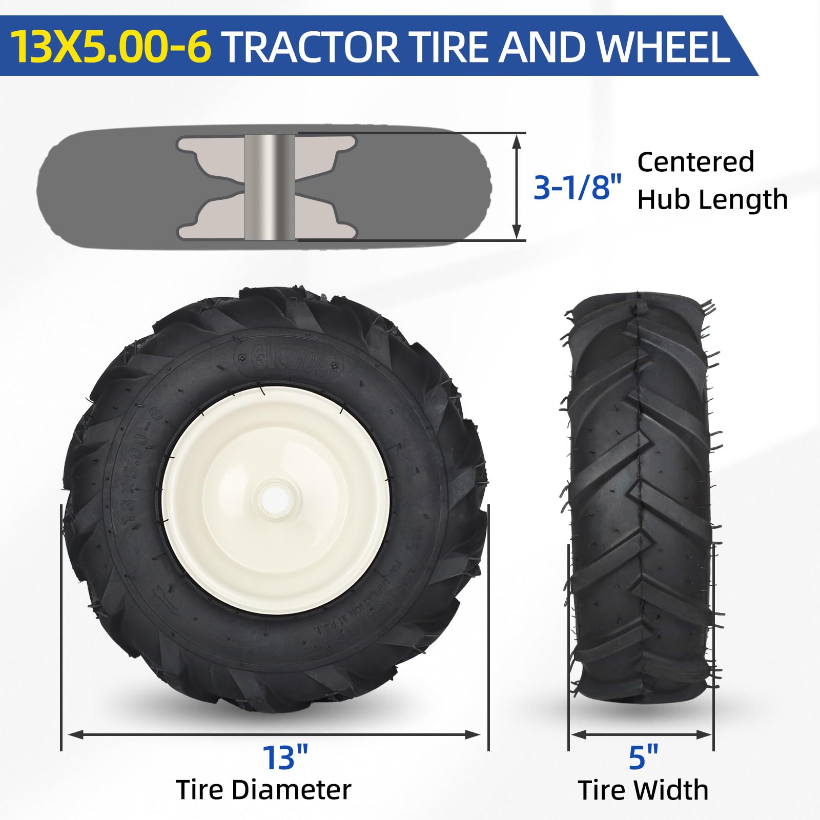 13x5.00-6" Tiller Tire and Wheel, 【3/4" Axle Size】, 3-1/8" Centered Hub, 13x5-6 Agriculture Super Lug Tractor & Trencher Tubeless Tire, Compatible with Craftsman & Troy-Bilt Tiller, 1 Pack