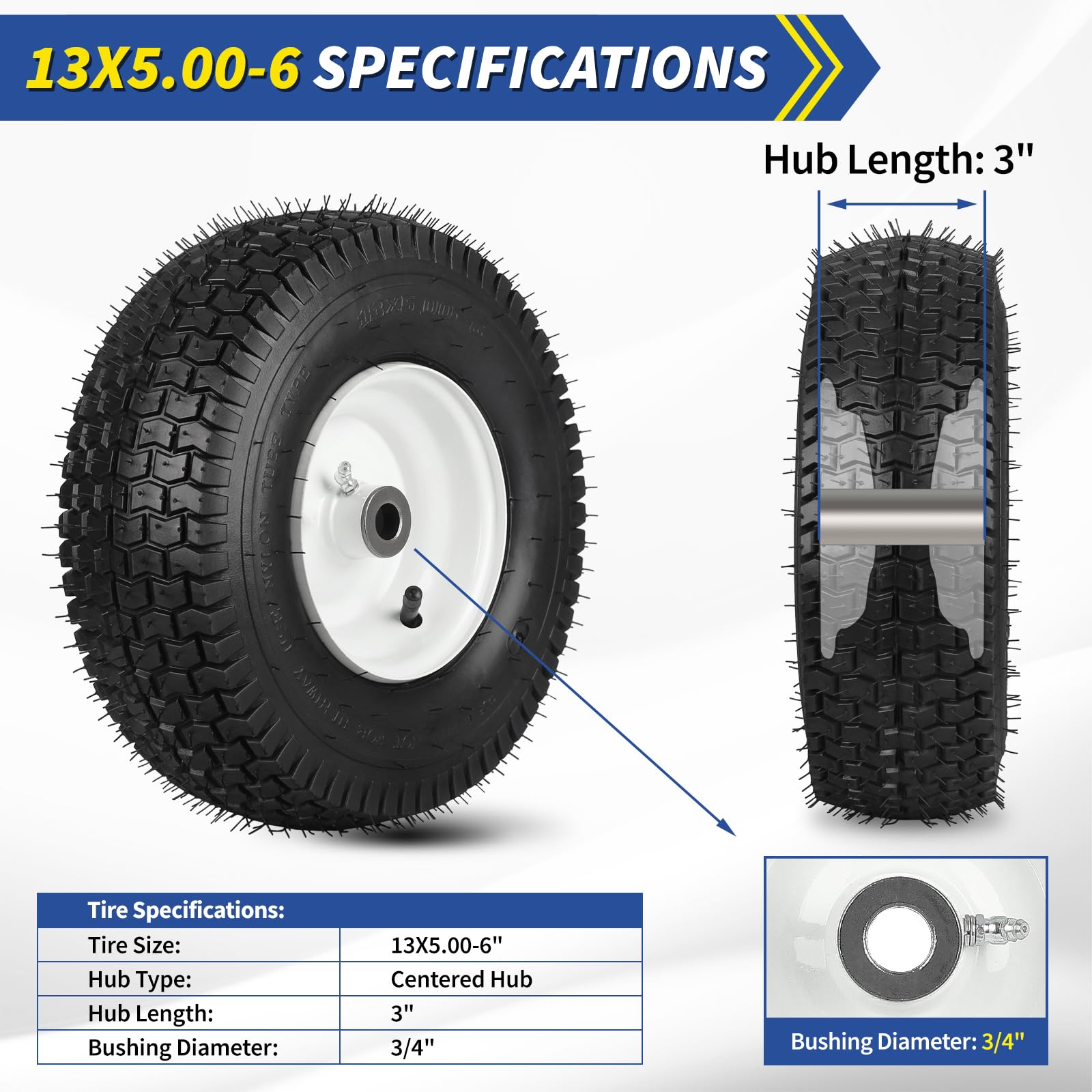 13x5.00-6 Rubber Lawn Mower Tire and Wheel, 2 Pcs Replacement 13x5-6nhs Riding Mowers Lawn Pneumatic Tire with 3/4" Bushing, 3" -4.5" Centered Hub