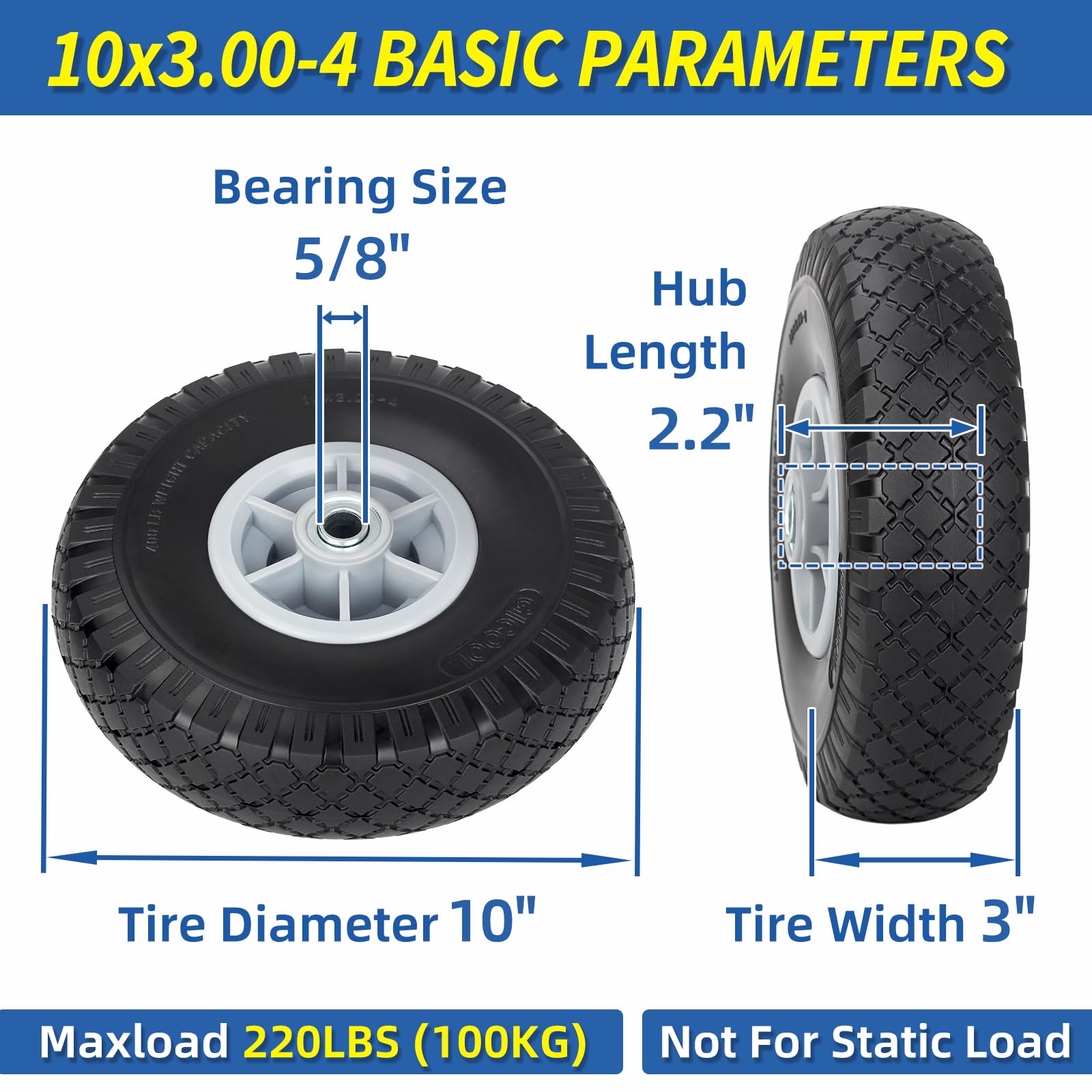 10x3.00-4 Flat Free Tire, 10" Heavy Duty Replacement Tire and Wheel Assemblies, Compatible Cosco Hand Trucks and Trolley Carts, 5/8" Axle Bore Hole, 2.2" Offset Hub, 2 (Pack)