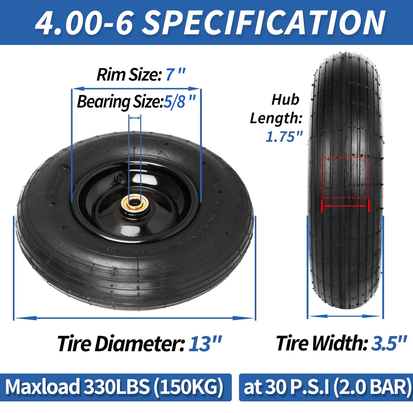 4.00-6 Tire and Wheel, 13" Wheelbarrow Pneumatic Tire, 5/8" & 3/4" Bearings, 1.75-6" Centered Hub,Sealed Bearings for Wheelbarrows Trolley Dolly Garden Wagon Cart Wheel Replacement 1 Pack