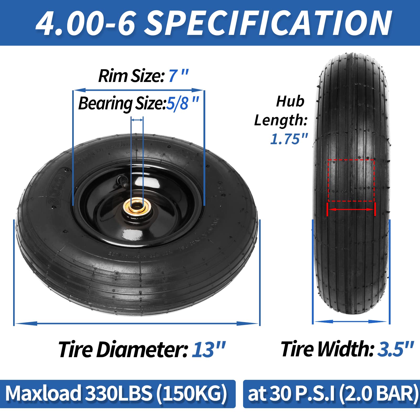 4.00-6 Tire and Wheel, 13" Wheelbarrow Pneumatic Tire, 5/8" & 3/4" Bearings, 1.75-6" Centered Hub,Sealed Bearings for Wheelbarrows Trolley Dolly Garden Wagon Cart Wheel Replacement 1 Pack