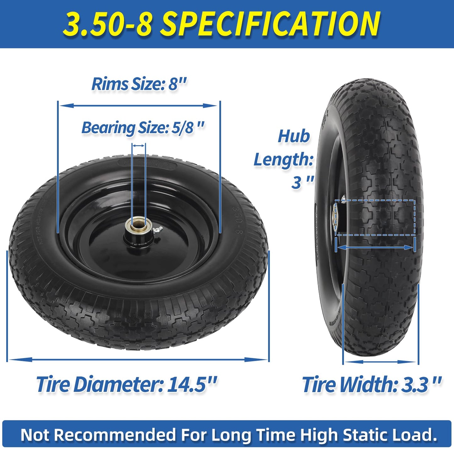 14.5" Wheelbarrow Tire, 3.50-8" Flat-free Solid Tire and Wheel with 5/8" Axle Bore Hole, 3-6" Centered Hub for Wheelbarrow Trolley Dolly Lawn Mover Go Kart Replacement