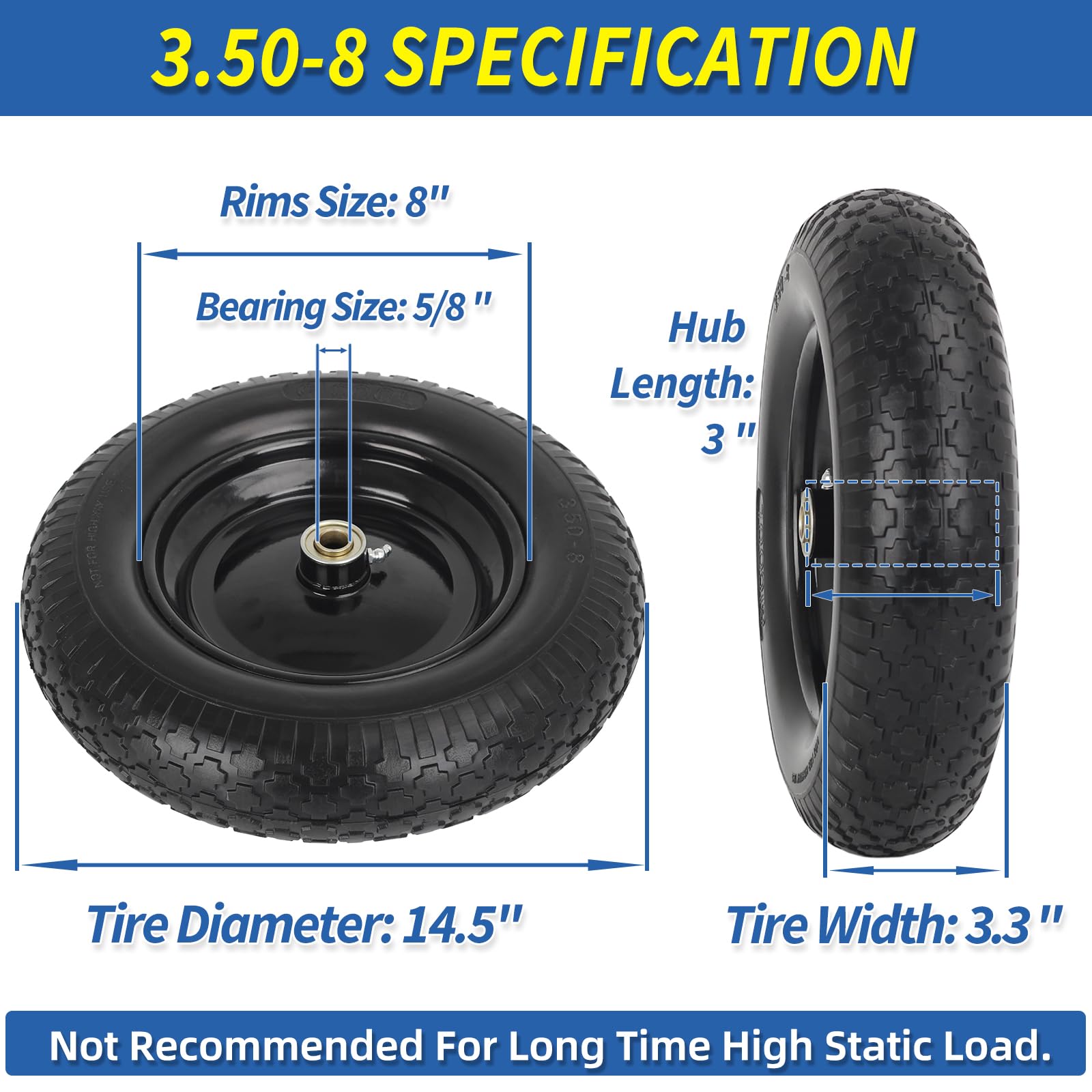 14.5" Wheelbarrow Tire, 3.50-8" Flat-free Solid Tire and Wheel with 5/8" Axle Bore Hole, 3-6" Centered Hub for Wheelbarrow Trolley Dolly Lawn Mover Go Kart Replacement