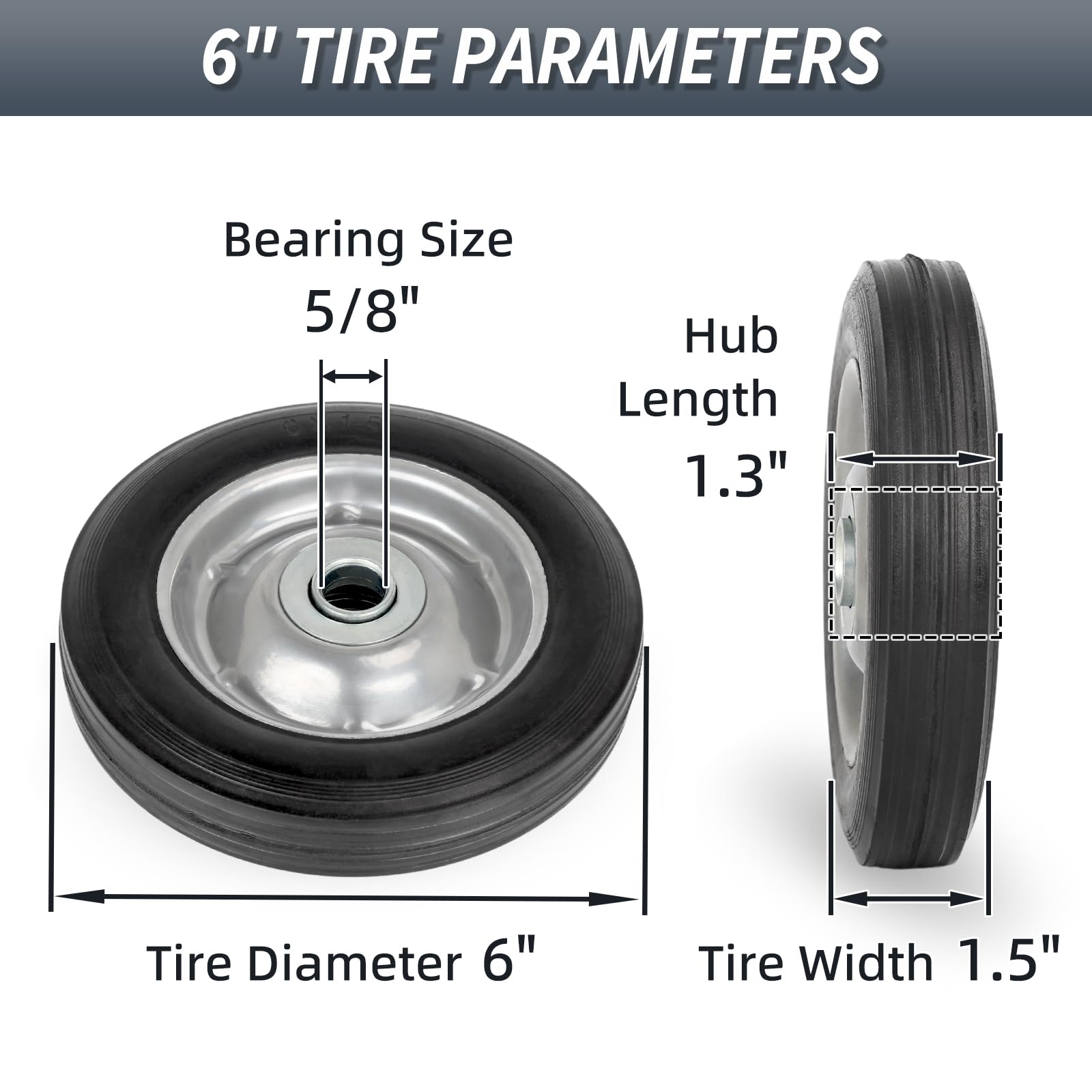 6" Flat Free Solid Rubber Tire and Wheel, with Ball Bearings and 5/8” Axle Bore Hole, 1.3" Centered Hub,2 (Pack)