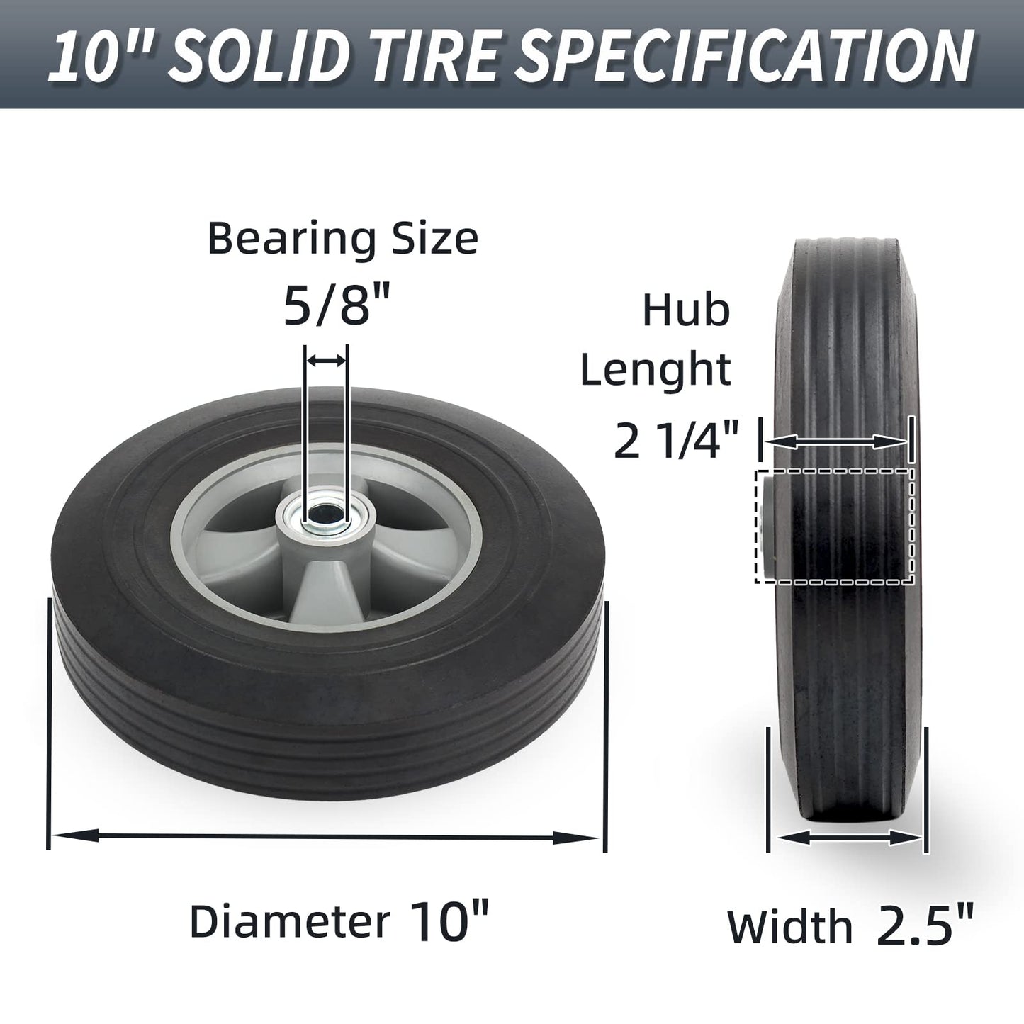 10" x 2.5" Flat-Free Solid Rubber Tire and Wheel 5/8" Axle Bore Hole, 2 1/4" Offset Hub, Replacement 4.10/3.50-4" for Hand Truck Dolly Trolley Garden Wagon Cart Generator, 2(Pack)