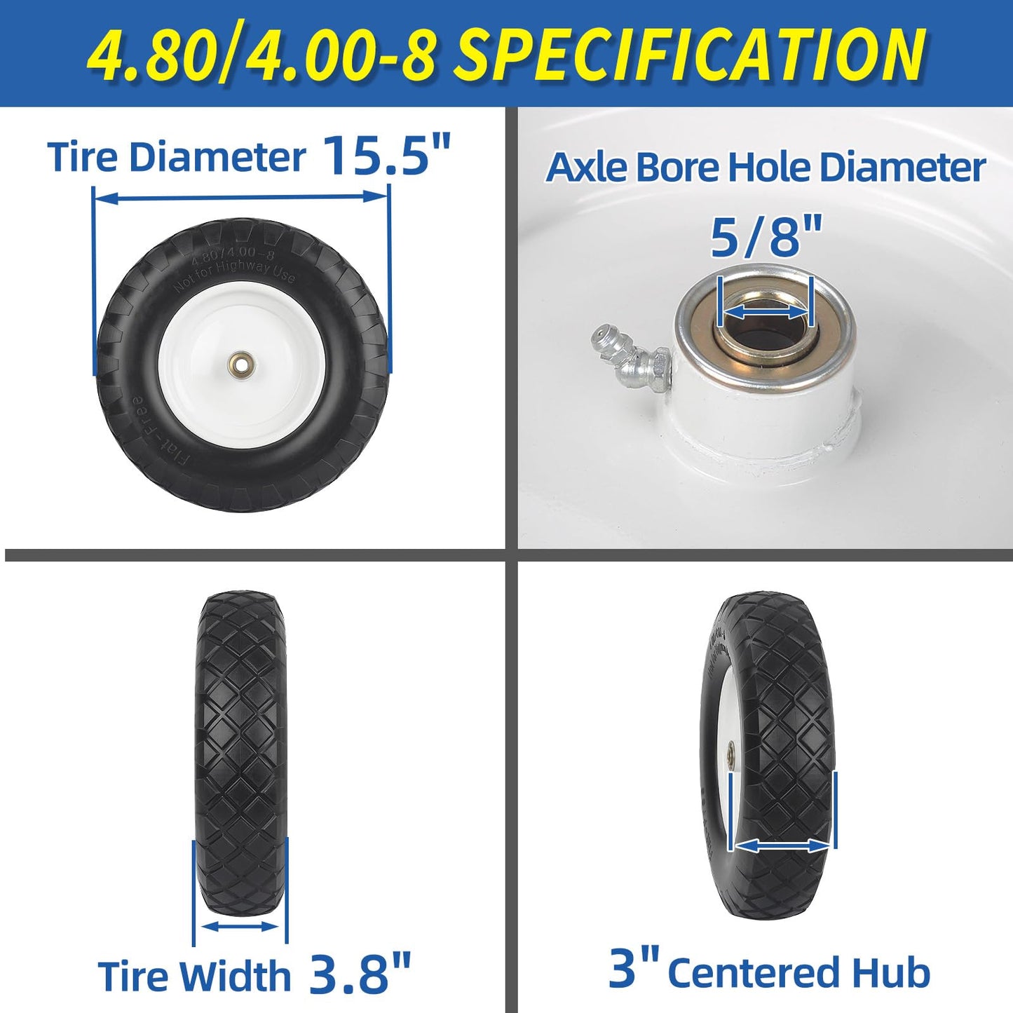 4.80/4.00-8" Wheelbarrow Tire, 16" Flat-Free Solid Tire and Wheel, 3-6" Centered Hub, 5/8" & 3/4" Bearing, For Broadcast Spreader Garden Wagon Cart Trolley Dolly (1 Pack)
