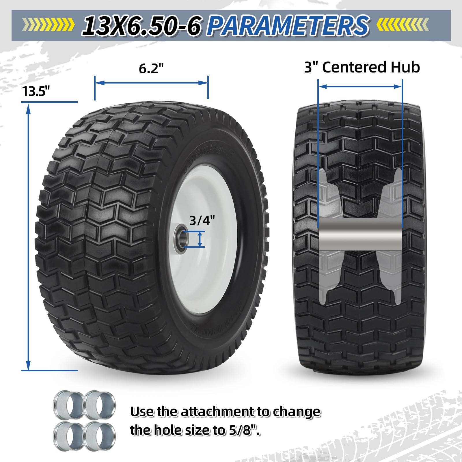 13x6.50-6 Tire and Wheel, 13x6.5-6" Flat-free Lawn Mower Tires, 3”-6.5“ Centered Hub, 3/4" or 5/8" Bearing, Universal Fit Garden Tractor Front Wheels, V-Turf Pattern, 2 (Pack)