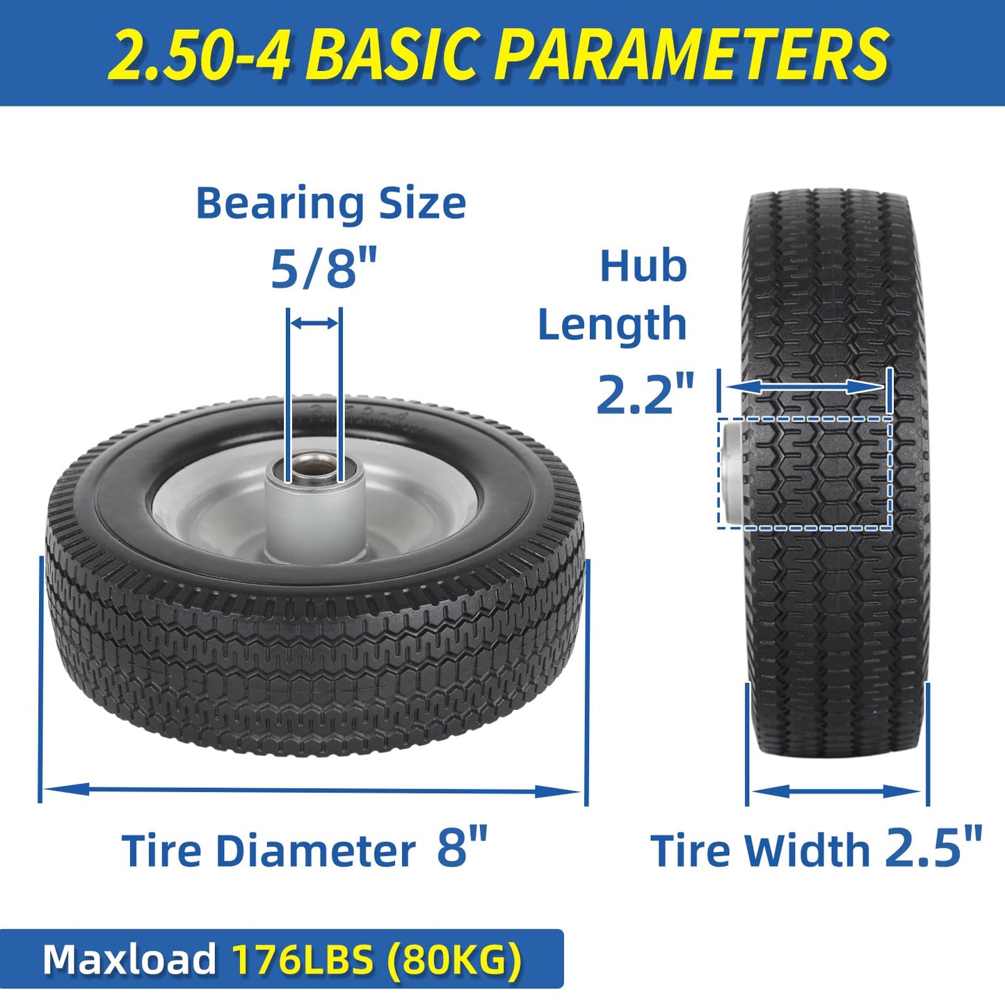 2.50-4 Solid Tire and Wheel, 8-Inch Flat-free Tire, 5/8" Bearings, 2.2" Offset Hub for Hand Truck Garden Wagon Trolley Dolly Replacement (2 Pack)