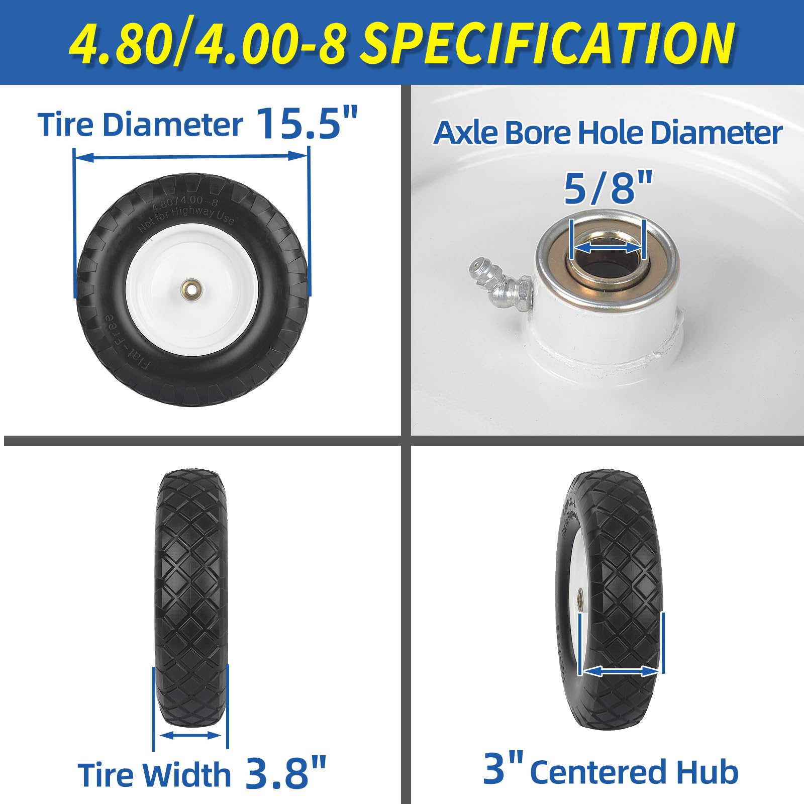 4.80/4.00-8" Wheelbarrow Tire, 16" Flat-Free Solid Tire and Wheel, 3" Centered Hub, 5/8" Axle Bore Hole, for Garden Wagon Cart Trolley Dolly Lawn Mover Go Kart Replacement (2 Pack)