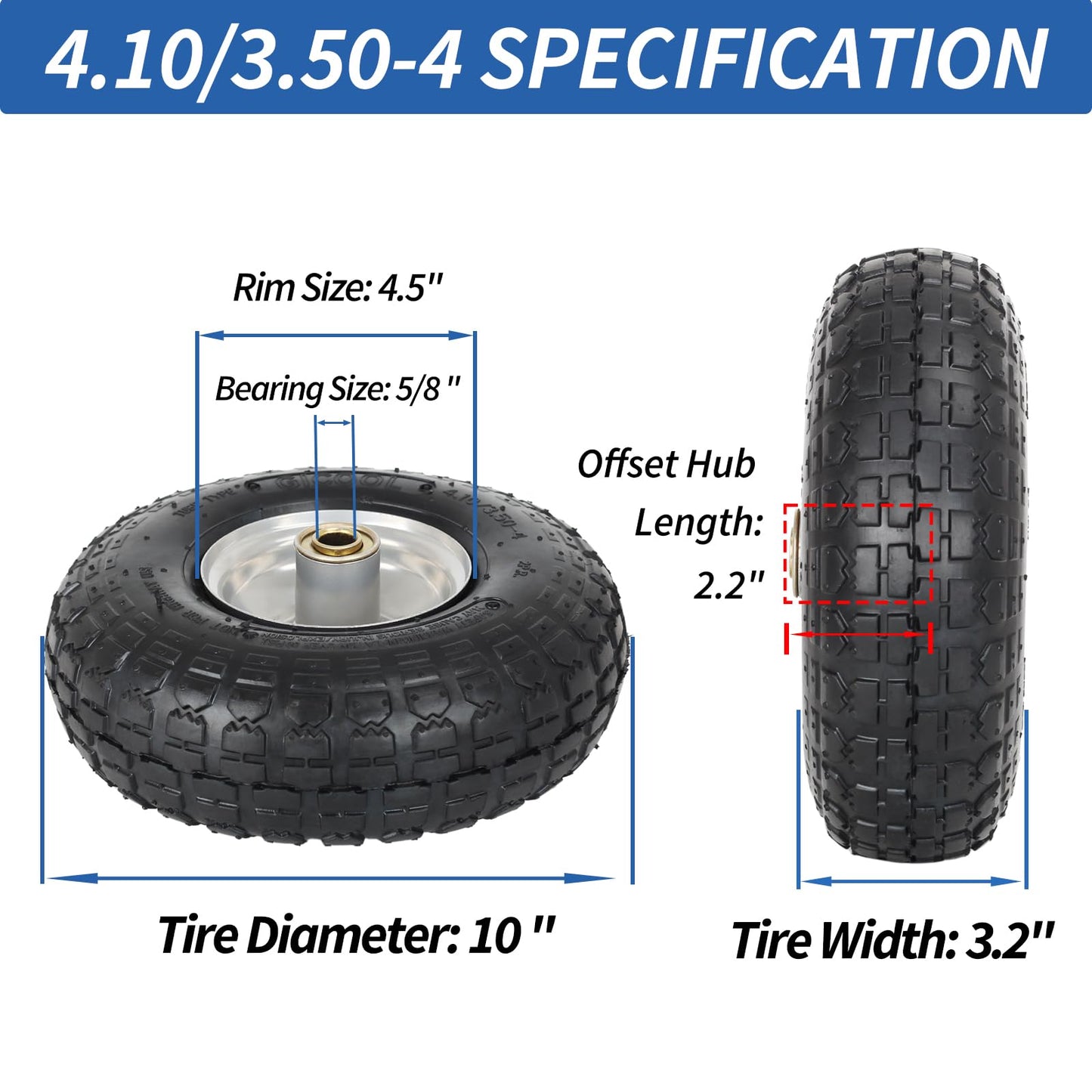 4.10/3.50-4 Pneumatic Tire, 10" Tire and Wheel,  with 2.25" Offset Hub, 5/8" Axle Bore Hole, Sealed Bearings, for Hand Truck Trolley Dolly Cart 4 Pack