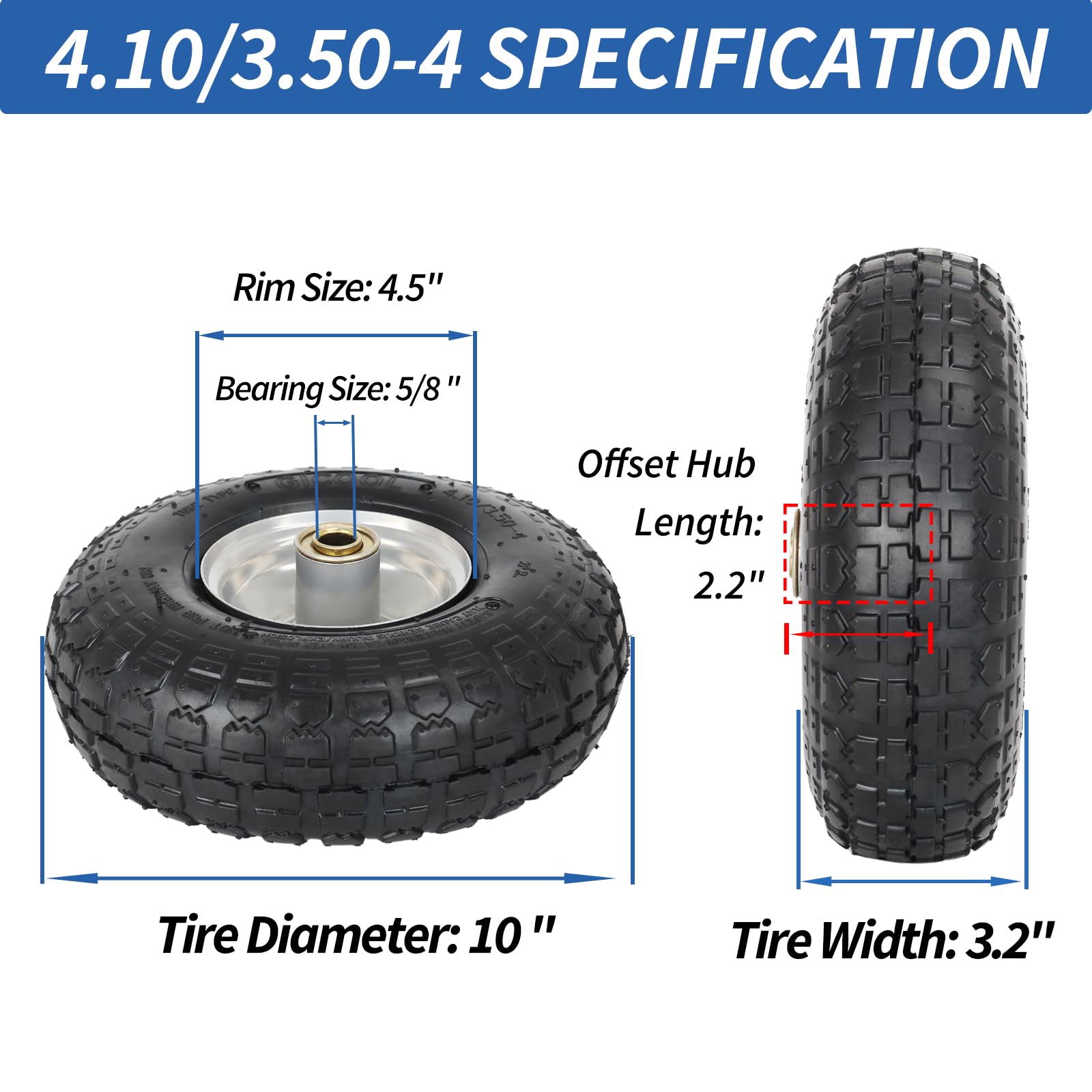 4.10/3.50-4 Pneumatic Tire, 10" Tire and Wheel,  with 2.25" Offset Hub, 5/8" Axle Bore Hole, Sealed Bearings, for Hand Truck Trolley Dolly Cart 4 Pack