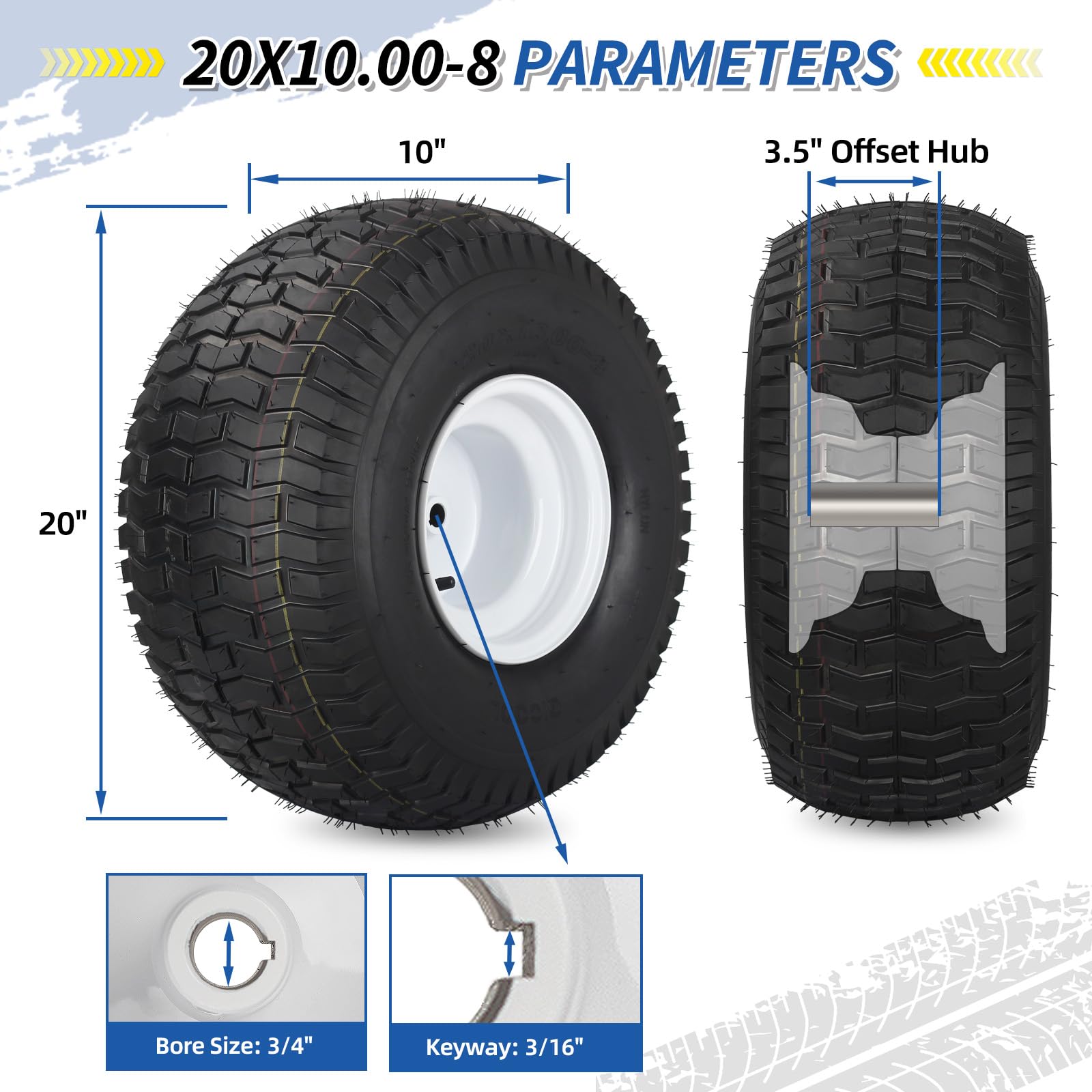 20x10.00-8 Lawn Mower Tire and Wheel, 4 Ply Tubeless Tire, Replacement 20x10-8nhs Riding Lawn Mower and Tractor Rear Tire and Wheel Assemblies, 3.5" Offset Hub, 3/4" Borehole, and 3/16" Keyway