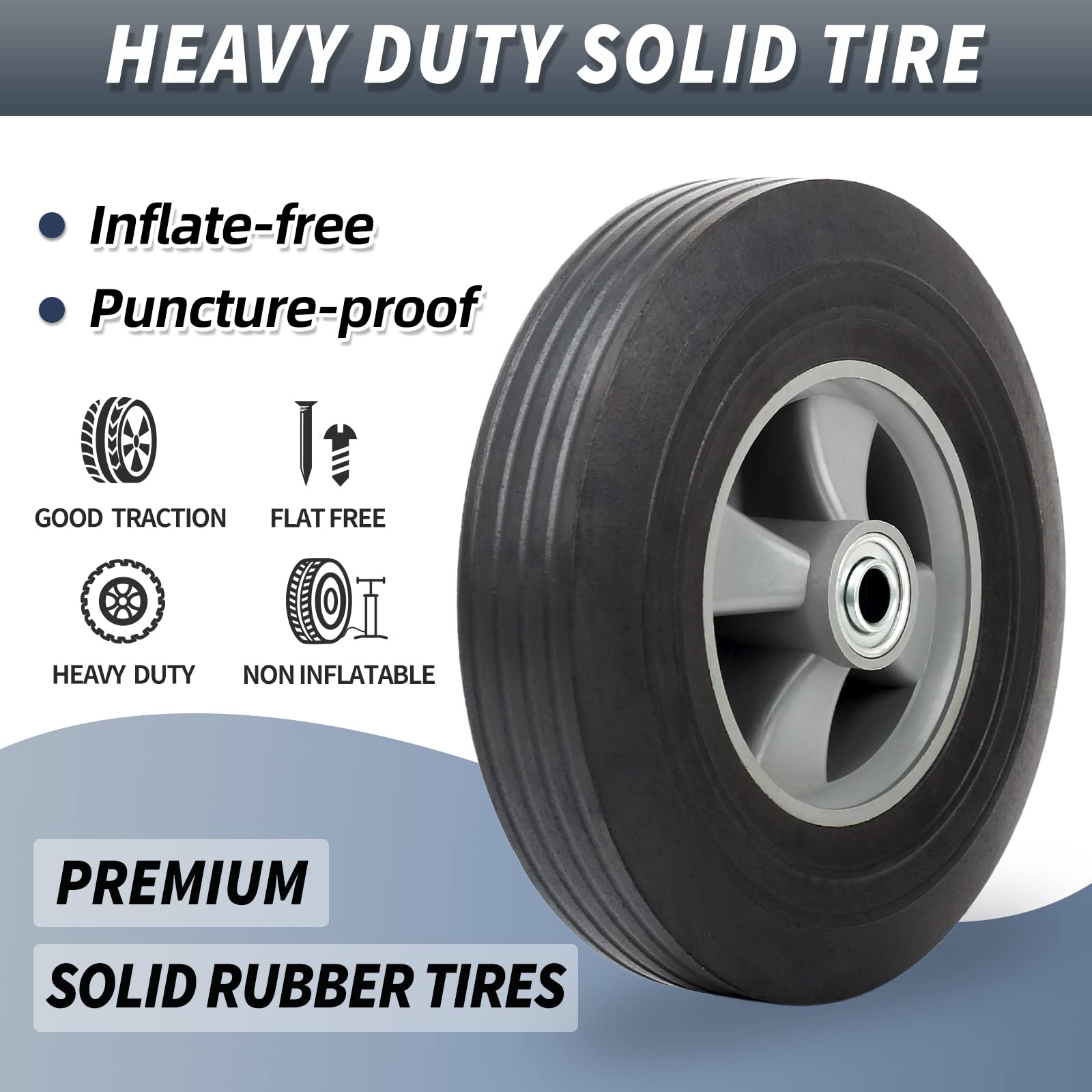 10" x 2.5" Flat-Free Solid Rubber Tire and Wheel 5/8" Axle Bore Hole, 2 1/4" Offset Hub, Replacement 4.10/3.50-4" for Hand Truck Dolly Trolley Garden Wagon Cart Generator, 2(Pack)