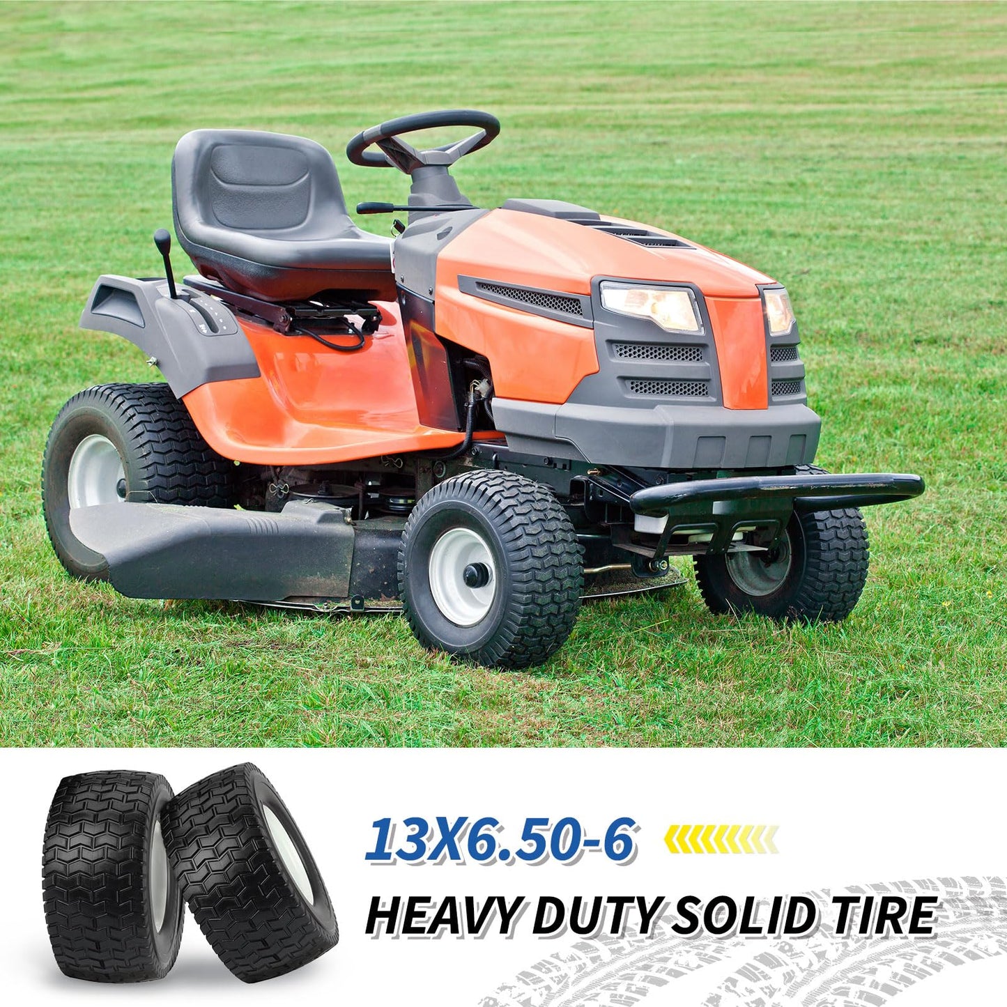 13x6.50-6 Tire and Wheel, 13x6.5-6" Flat-free Lawn Mower Tires, 3”-6.5“ Centered Hub, 3/4" or 5/8" Bearing, Universal Fit Garden Tractor Front Wheels, V-Turf Pattern, 2 (Pack)