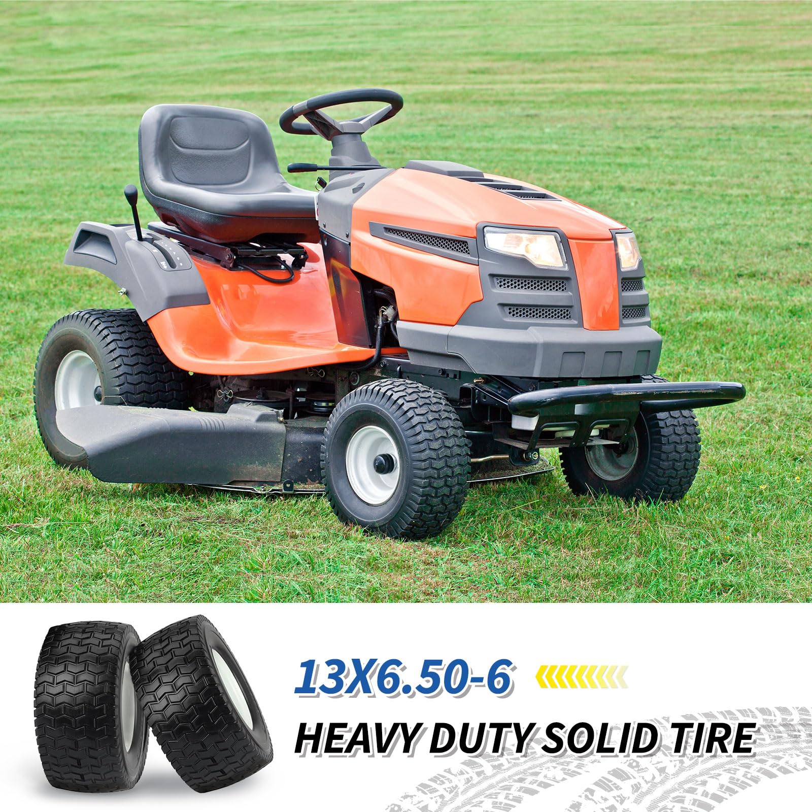 13x6.50-6 Tire and Wheel, 13x6.5-6" Flat-free Lawn Mower Tires, 3”-6.5“ Centered Hub, 3/4" or 5/8" Bearing, Universal Fit Garden Tractor Front Wheels, V-Turf Pattern, 2 (Pack)