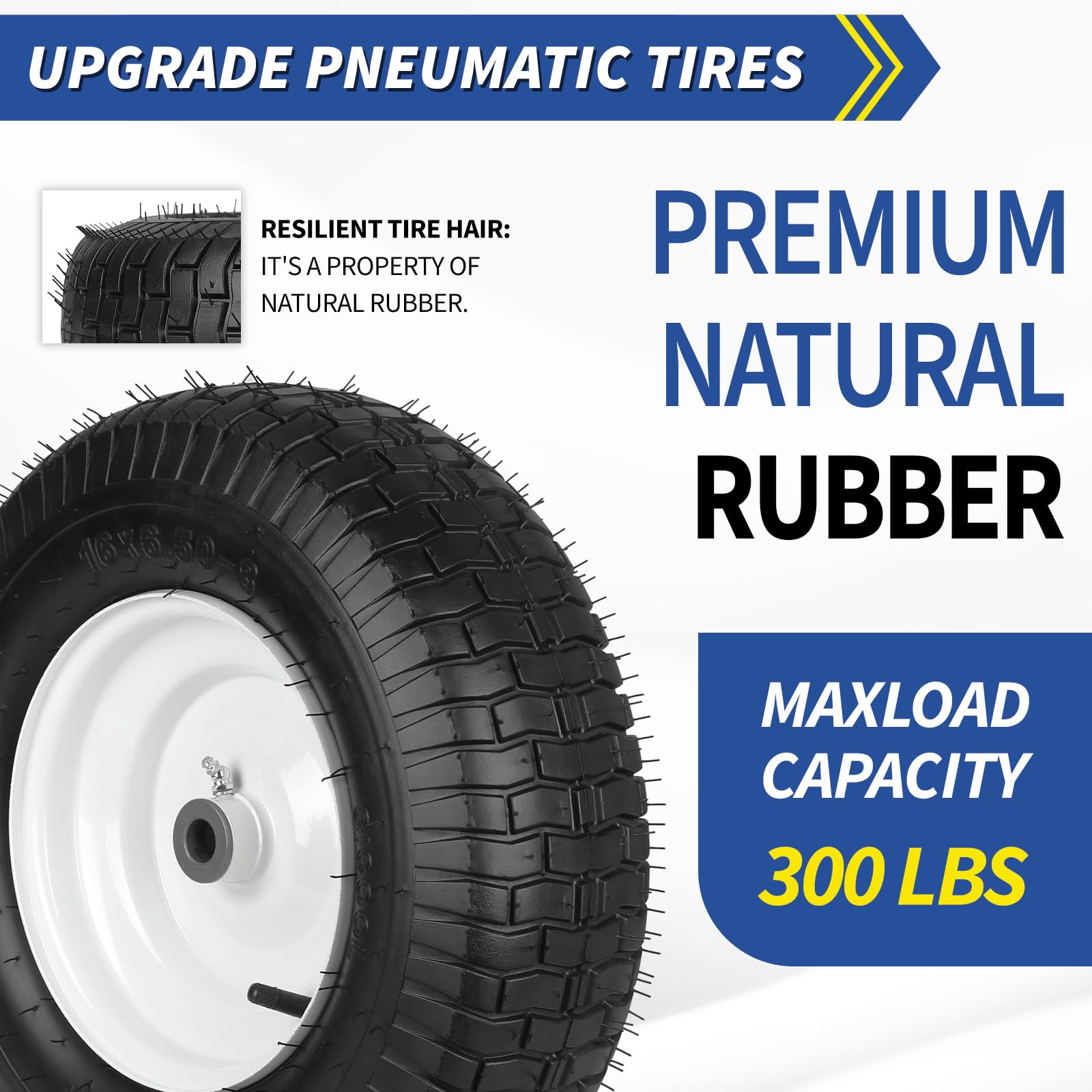 16x6.50-8 Riding Lawn Mower Rubber Tire and Wheel, 2 Pcs Replacement 16x6.5-8nhs Garden Tractor Lawnmower Tyre, with 3/4" & 5/8" Bushing, 3"-4.5" Centered Hub