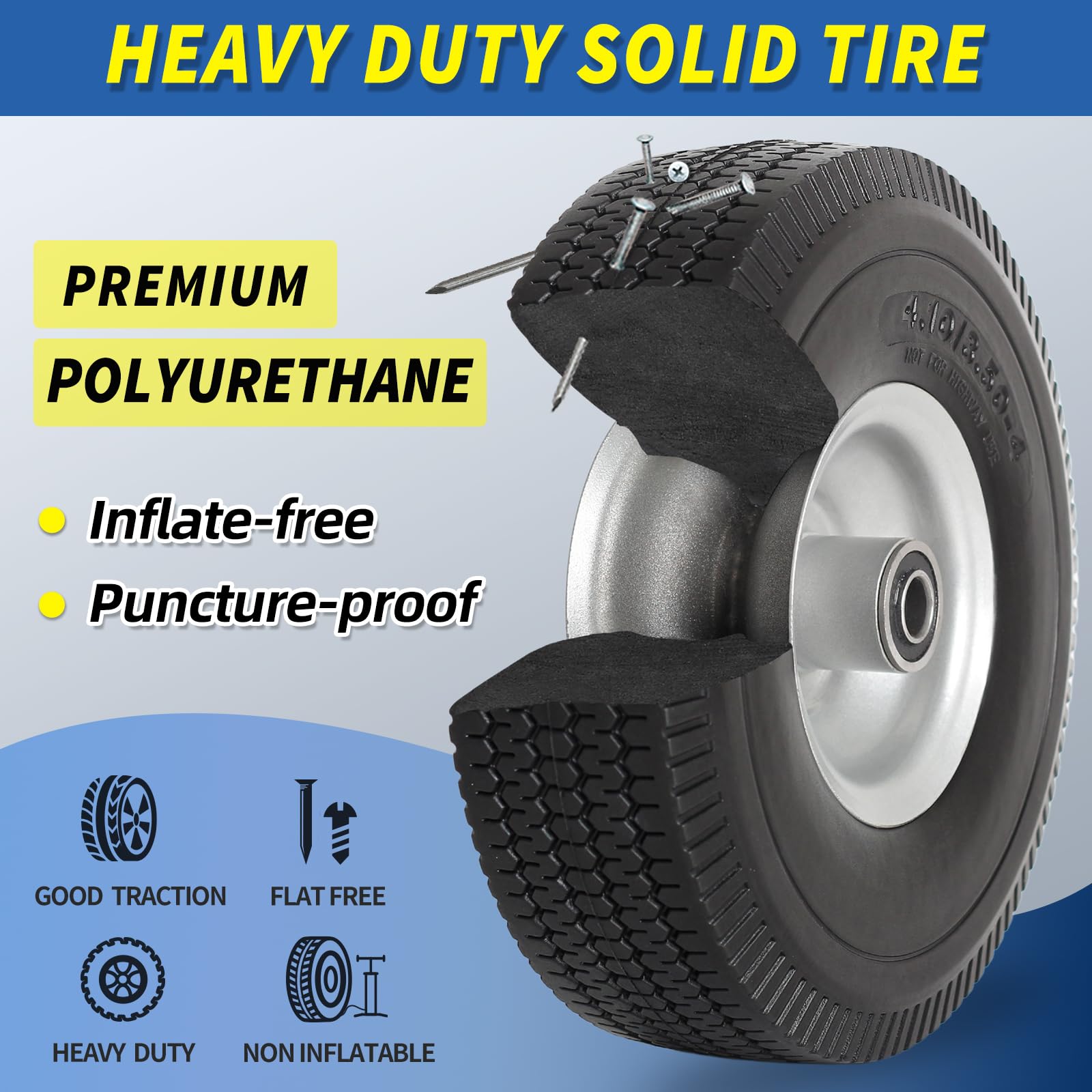 4.10/3.50-4" Flat Free Tire and Wheel, 10" Solid Tire with 5/8" Axle Bore Hole, 2.2" Offset Hub for Hand Truck Garden Wagon Cart Trolley Dolly Lawn Mover Replacement Tire (2 pack)