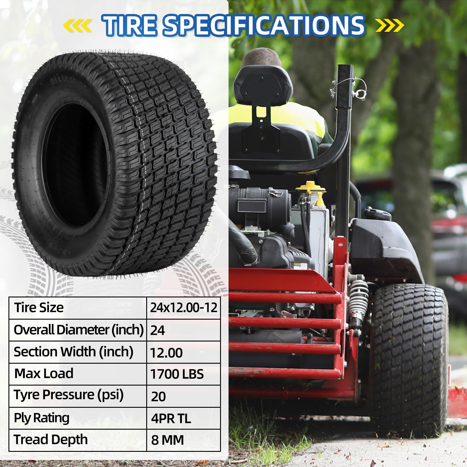 24x12.00-12 Lawn Mower Tire, 24x12-12 Tubeless Tire for Tractor Riding Lawnmowers, 4 Ply, Turf-S Pattern, 2 Pack