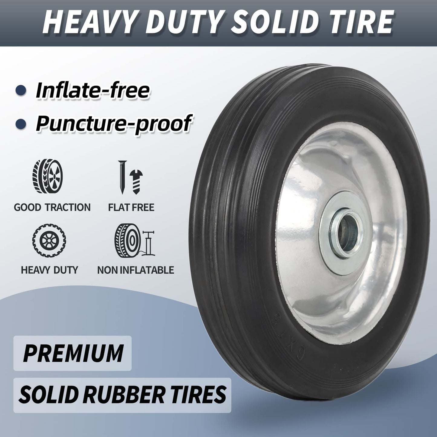 6" Flat Free Solid Rubber Tire and Wheel, with Ball Bearings and 5/8” Axle Bore Hole, 1.3" Centered Hub,2 (Pack)
