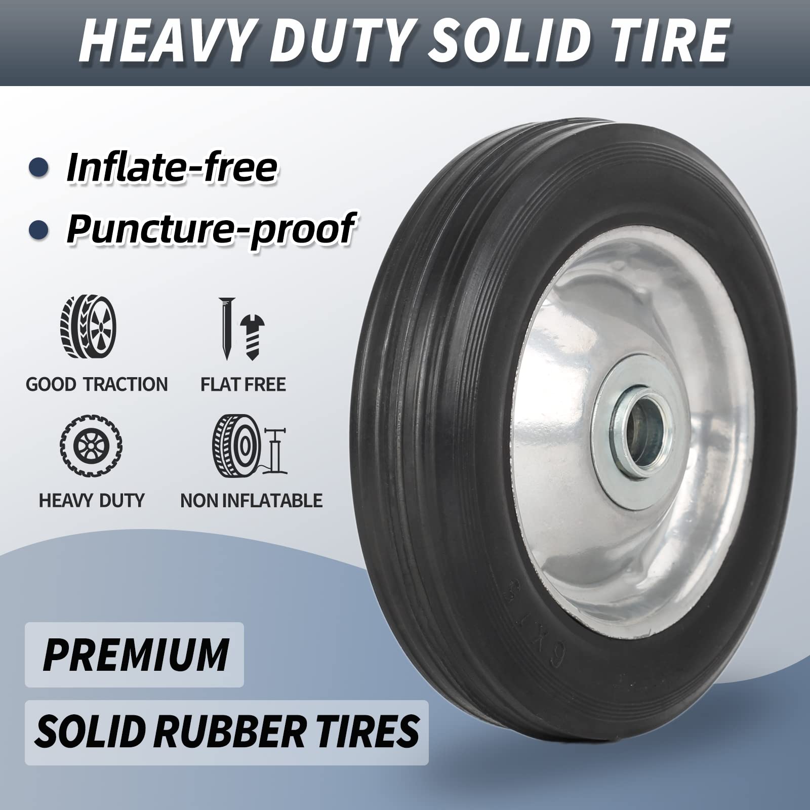 6" Flat Free Solid Rubber Tire and Wheel, with Ball Bearings and 5/8” Axle Bore Hole, 1.3" Centered Hub,2 (Pack)