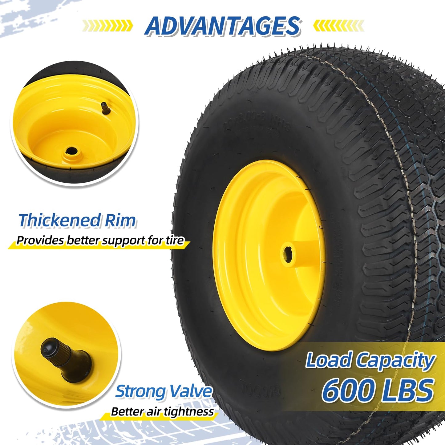 20x8.00-8 Tire and Wheel, 4 Ply Tubeless Lawn Mower Tire Replacement 20x8-8nhs Riding Tractor Mower and Rear Tire and Wheel Assemblies, 3.5" Offset Hub, 3/4" Borehole, and 3/16" Keyway, 2 Pack