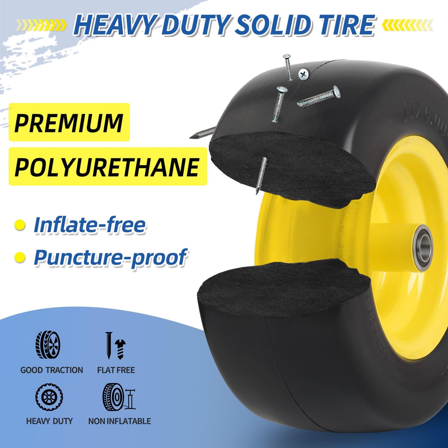 11x6.00-5 Flat Free Zero Turn Mower Tire and Wheel, 11x6-5nhs Riding Mowers Lawn Tire and Wheel with 3/4" Bearing, 5.8" -8" Centered Hub