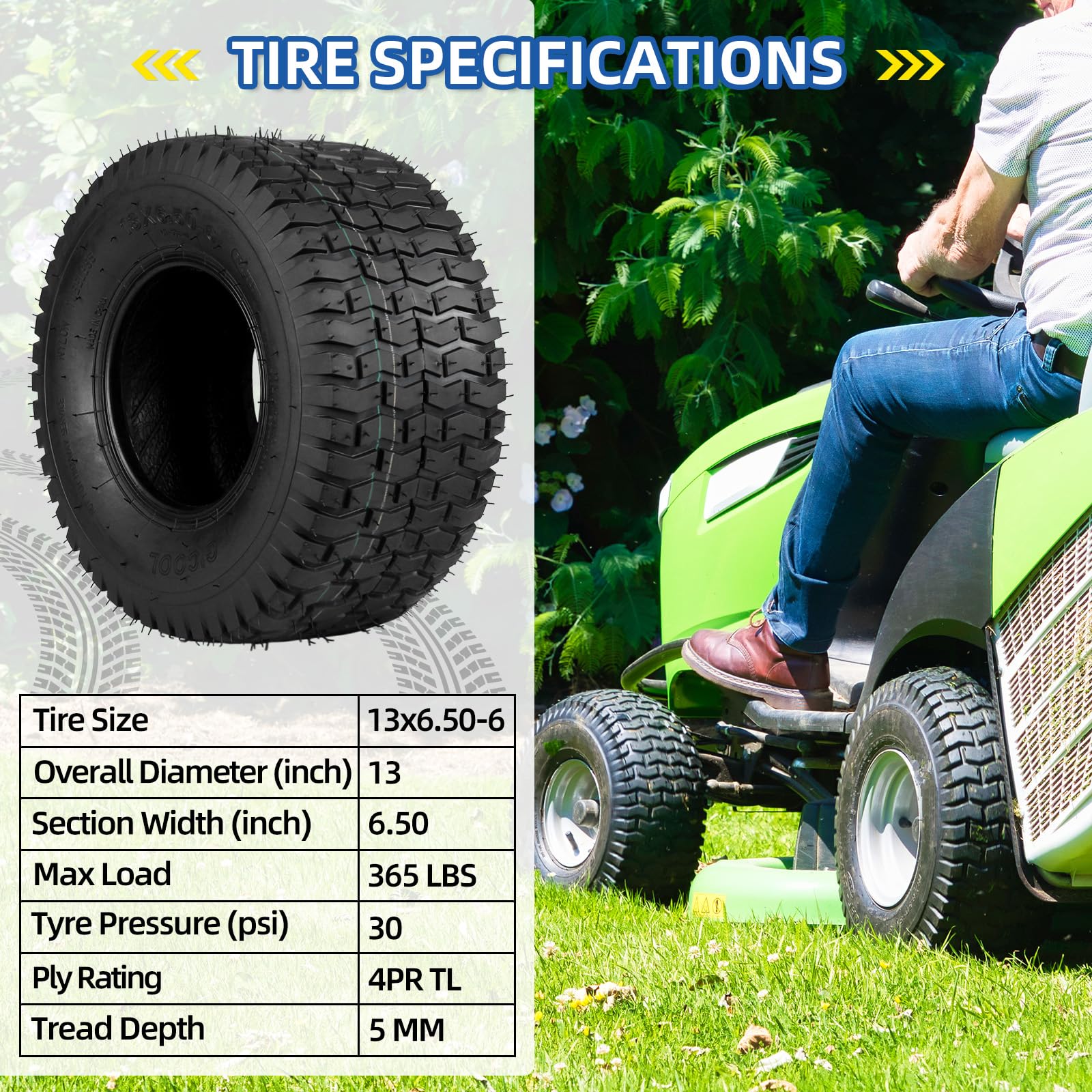 13x6.50-6 Lawn Mower Tubeless Tire, 13x6.5-6 for Tractor Riding Lawnmowers, 4 Ply, Turf-V Pattern(2 Pack)