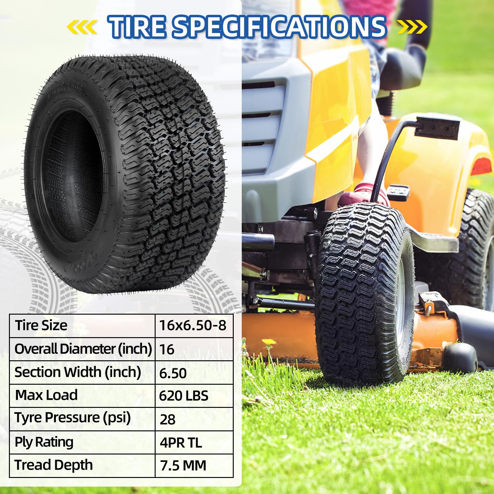 16x6.50-8 Lawn Mower Tubeless Tire, 16x6.5-8 for Tractor Riding Lawnmowers, 4 Ply, Turf-S Pattern(2 Pack)