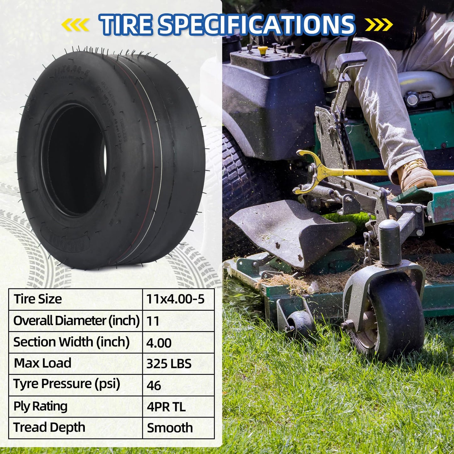 11x4.00-5 Tubeless Zero Turn Mower Tires, Riding Lawnmower Smooth Tread, 4 Ply(2 Pack)