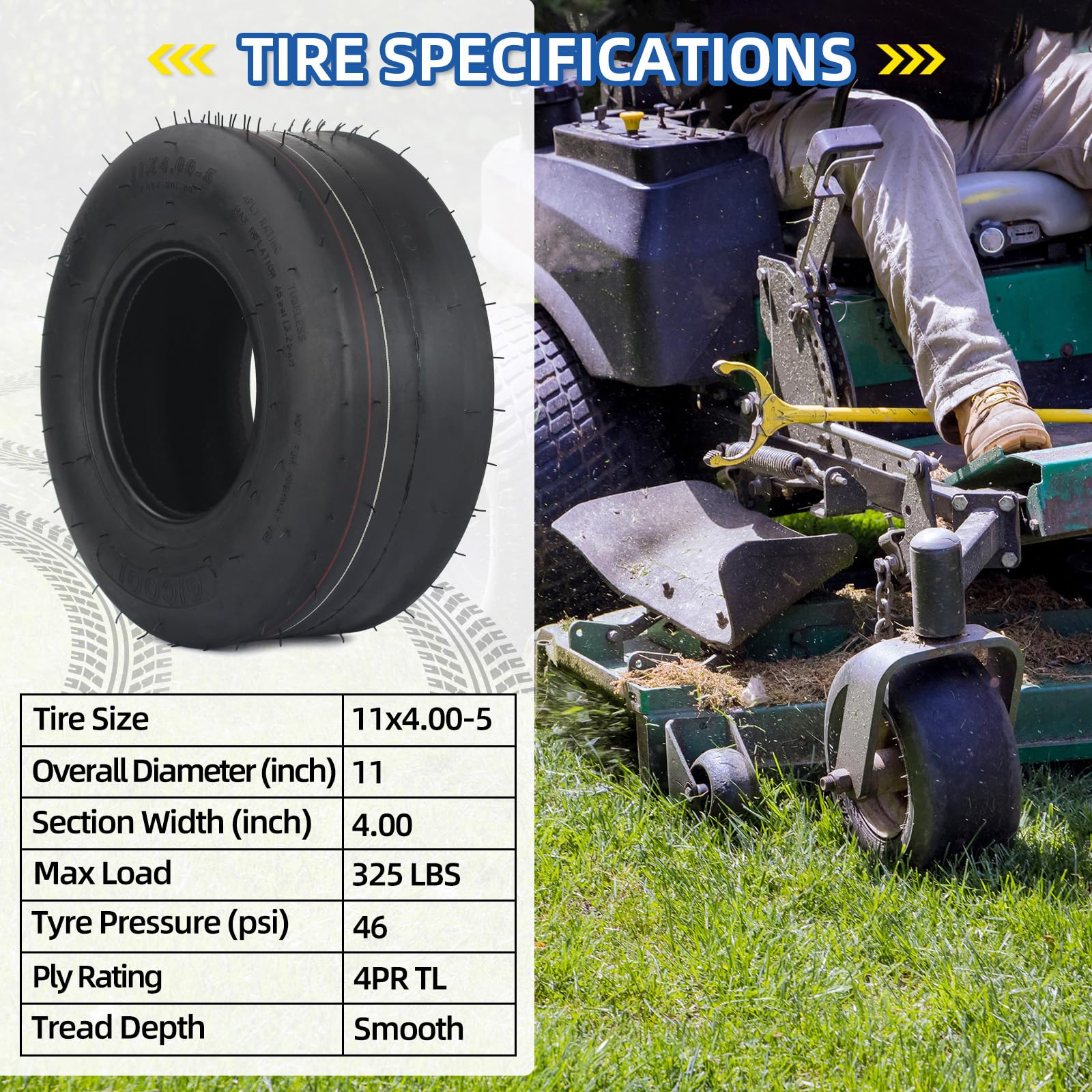 11x4.00-5 Tubeless Zero Turn Mower Tires, Riding Lawnmower Smooth Tread, 4 Ply(2 Pack)