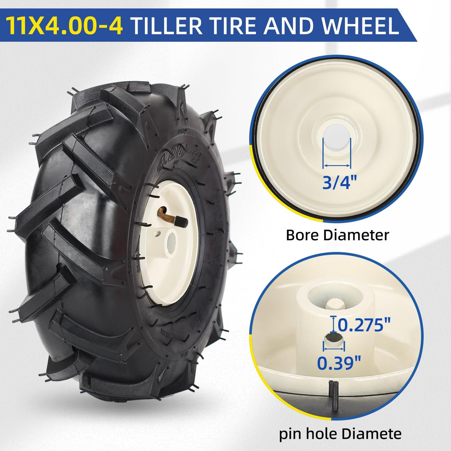 11x4.00-4" Tiller Tire and Wheel, 3/4" Axle Size, 3-1/8" Centered Hub, Compatible with Craftsman & Troy-Bilt Tiller Replacement (2 pack)