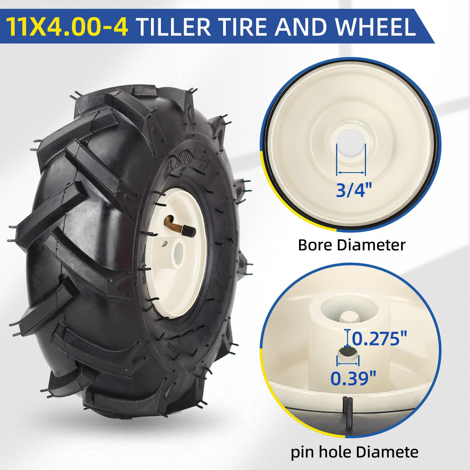 11x4.00-4" Tiller Tire and Wheel, 3/4" Axle Size, 3-1/8" Centered Hub, Compatible with Craftsman & Troy-Bilt Tiller Replacement (2 pack)