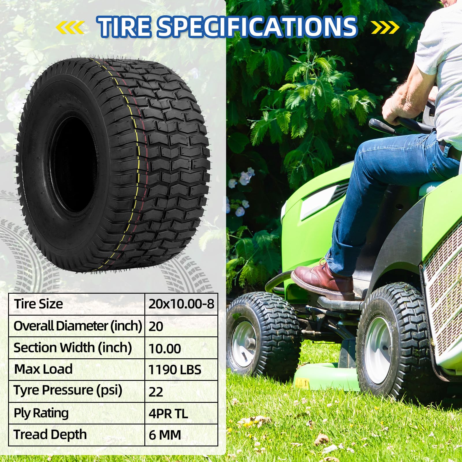 20x10.00-8 Lawn Mower Tubeless Tire, 20x10-8 for Tractor Riding Lawnmowers, 4 Ply, Turf-V Pattern(2 Pack)