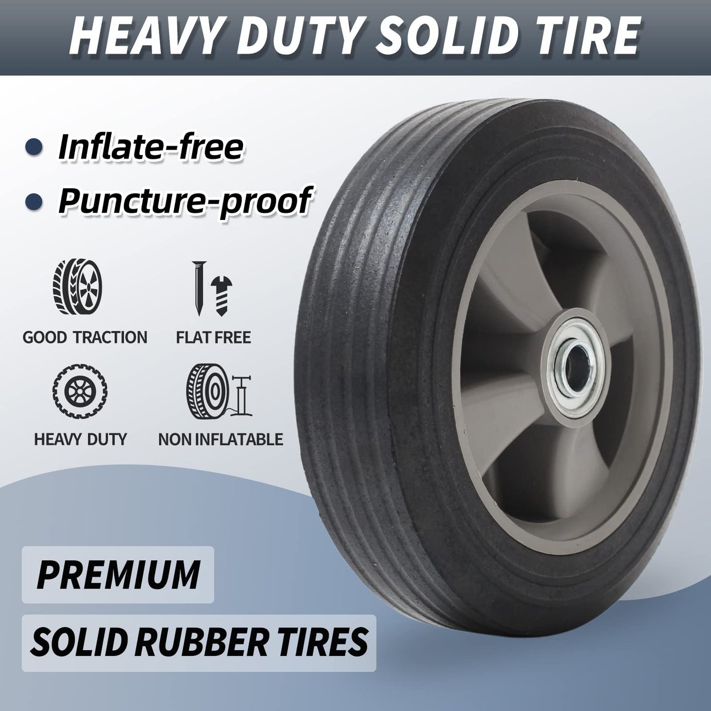 8" x 2" Flat-Free Solid Rubber Tire and Wheel with Ball Bearings and 5/8" Axle Bore Hole, 2" Offset Hub, For Hand Truck Dolly Trolley Garden Wagon Cart Generator Replacement Tire (2 Pack)