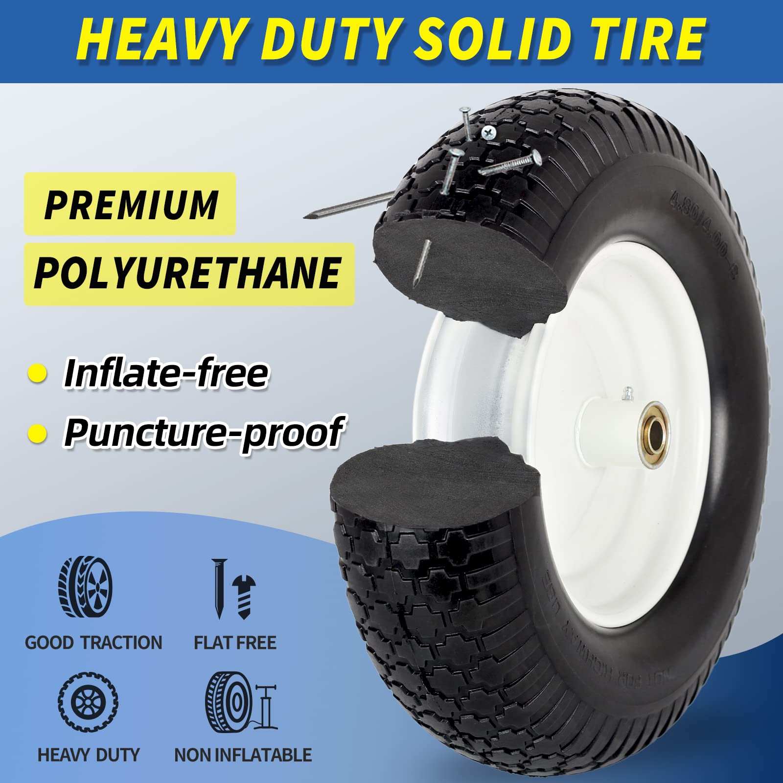 4.80/4.00-8" Flat-Free Tire and Wheel 16" Solid Wheelbarrow Tire, 6" Centered Hub, 5/8" Axle Bore Hole for Wheel Barrow Garden Utility Cart, Universal Replacement (1 pack)