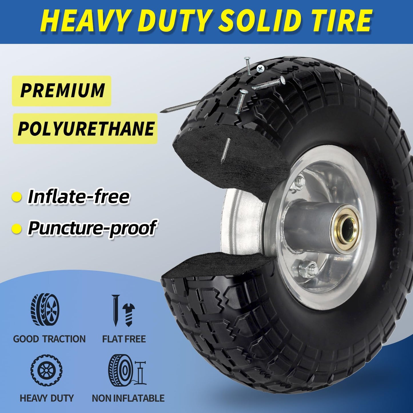 4.10/3.50-4" Flat Free Tire and Wheel, 10" Heavy Duty Solid Tire, 5/8" Axle Bore Hole, 2.2" Offset Hub, for Hand Truck Garden Cart Wagon Trolley Dolly, 2 Pack