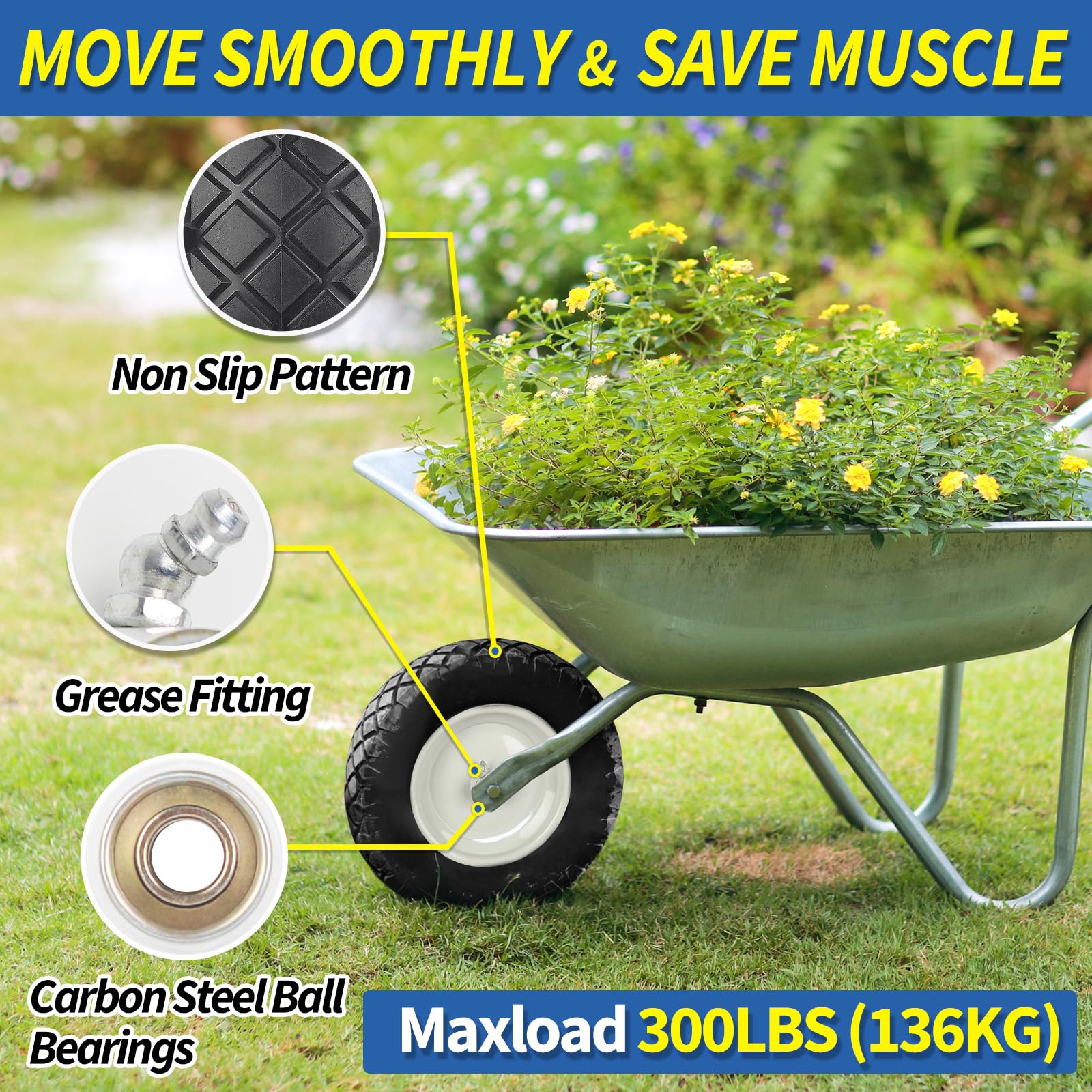 4.80/4.00-8" Wheelbarrow Tire, 16" Flat-Free Solid Tire and Wheel, 3-6" Centered Hub, 5/8" & 3/4" Bearing, For Broadcast Spreader Garden Wagon Cart Trolley Dolly (1 Pack)