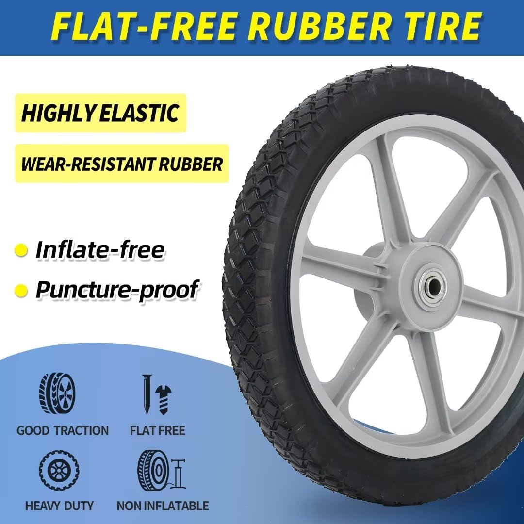 14 x 1.75'' Rubber Tire and Plastic Spoke Wheel, 2.5" Hub Length, 1/2" Axle Bore, for Lawn mower Trolley Dolly Wheel Replacement, 2 (Pack)