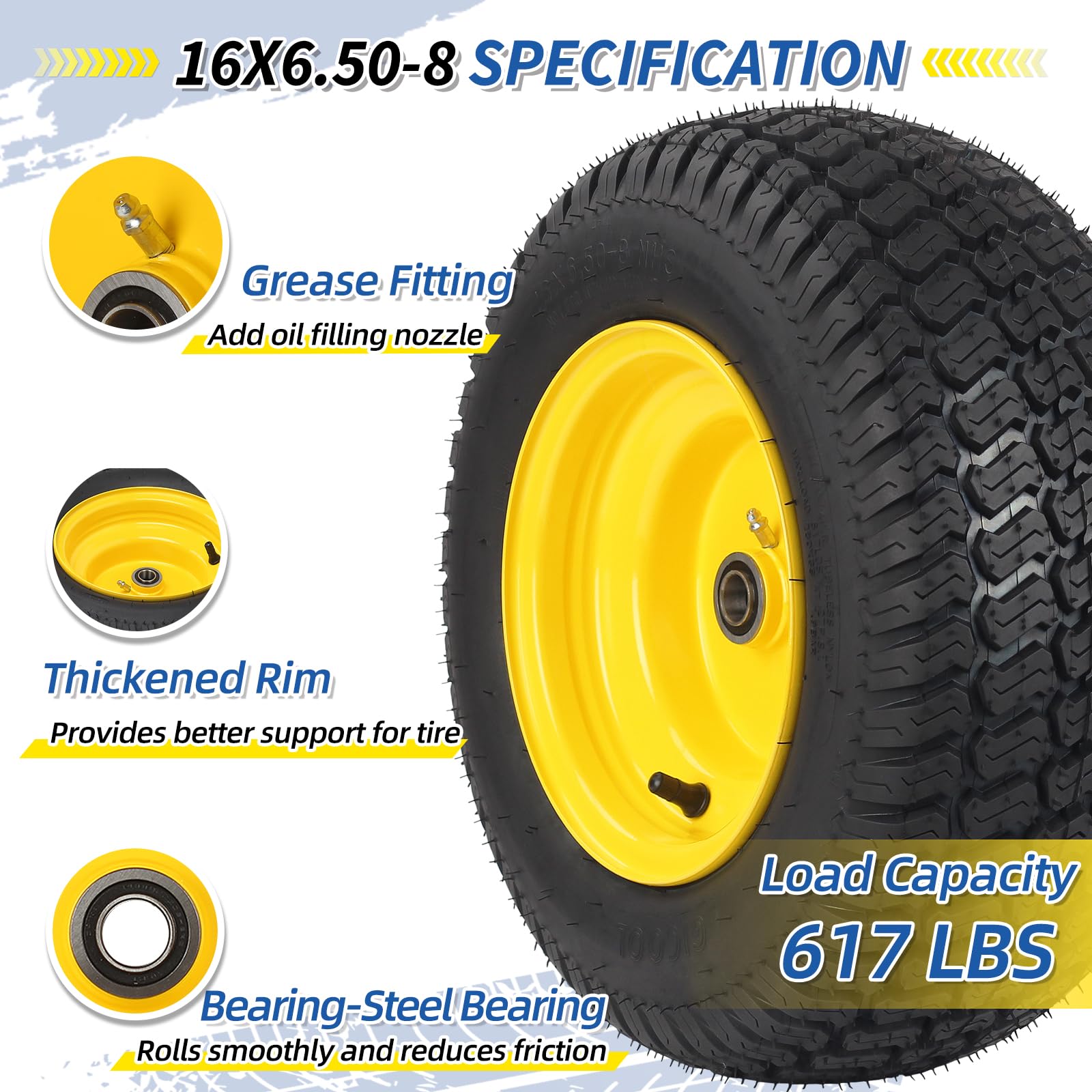 16x6.50-8 Tubeless Tire and Wheel, 16x6.5-8 Lawn Mower Tires, 3"-4.5" Offset Hub, 3/4" or 5/8" Bearing, Universal Fit Riding Mower and Garden Tractor Front Wheel, 4 Ply, S-Turf Pattern, 2 Pack