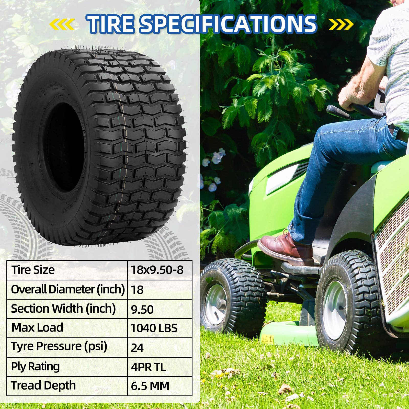 18x9.50-8 Lawn mower Tire, 18x9.5-8 Tubeless Tire for Tractor Riding Lawnmowers, 4 Ply Tubeless Tire, Turf-V Pattern(2 Pack)
