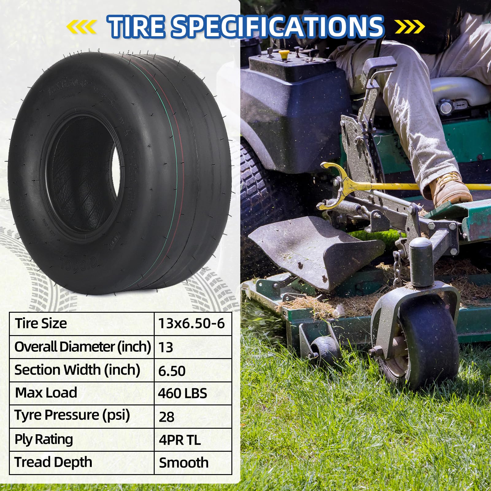 13x6.50-6 Tubeless Lawn Mower Tire, 13x6.5-6 Riding Zero Turn Lawnmower Smooth Turf Tyre, 4 Ply (2 Pack)