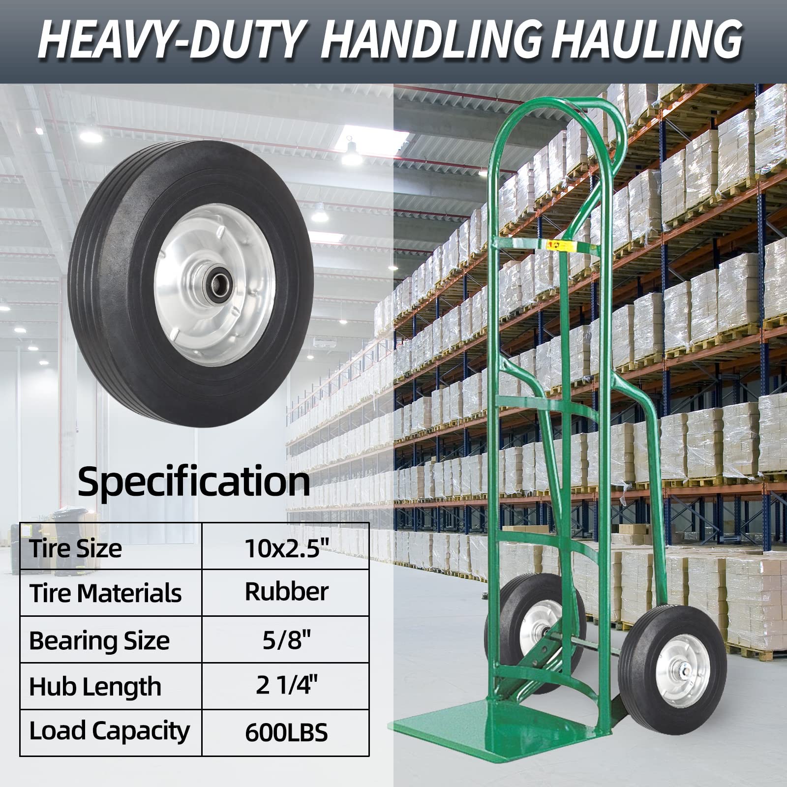 10" x 2.5" Flat Free Solid Rubber Tire with 5/8" Axle Bore Hole, 2 1/4" Hub, Replacement 4.10/3.50-4" for Hand Truck Dolly Trolley Garden Wagon Cart Generator, 2(Pack)