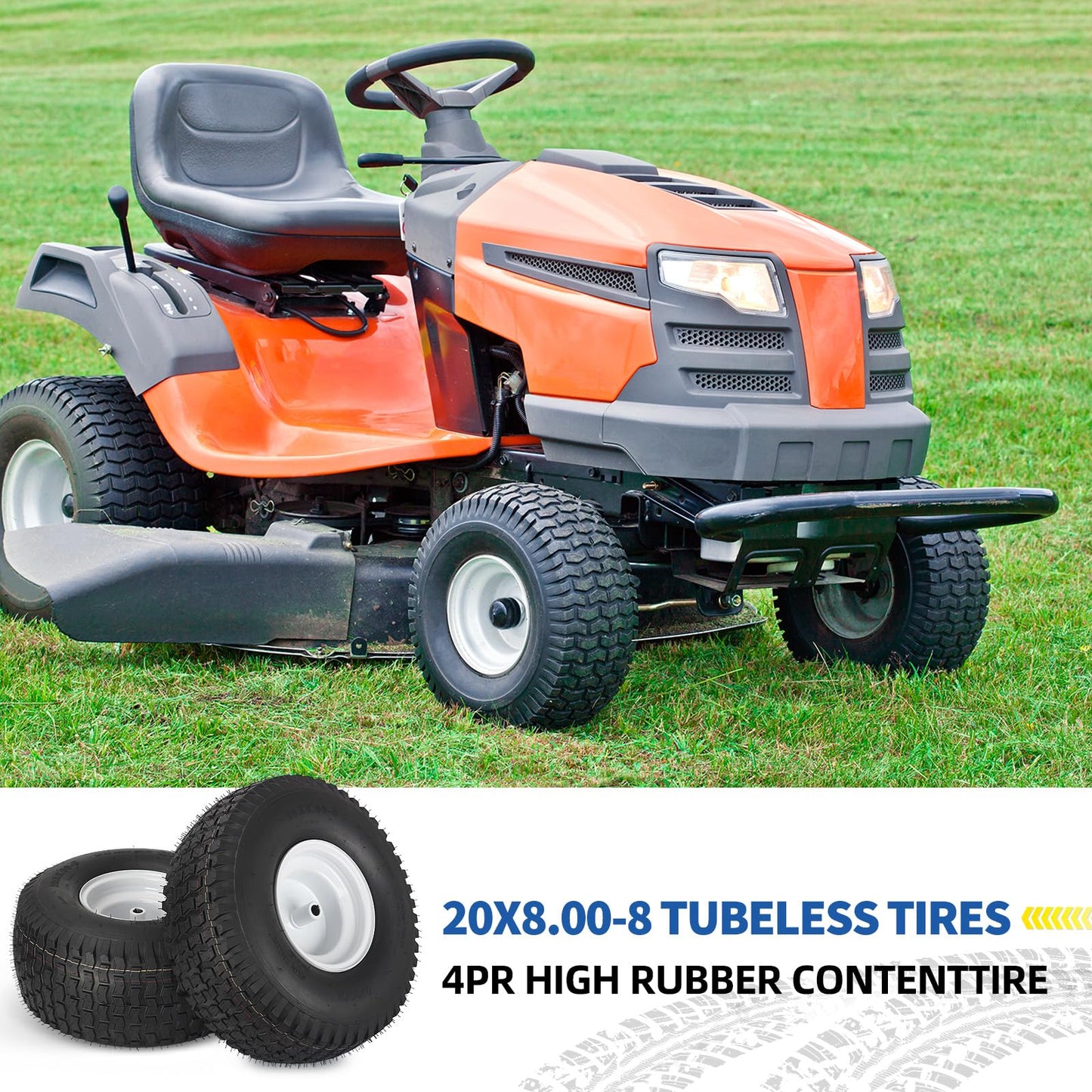 20x8.00-8 Lawn Mower Tire and Wheel, 4 Ply Tubeless Tire, 20x8-8nhs Riding Lawn Mower and Tractor Rear Tire and Wheel Assemblies, 3.5" Offset Hub, 3/4" Borehole, and 3/16" Keyway