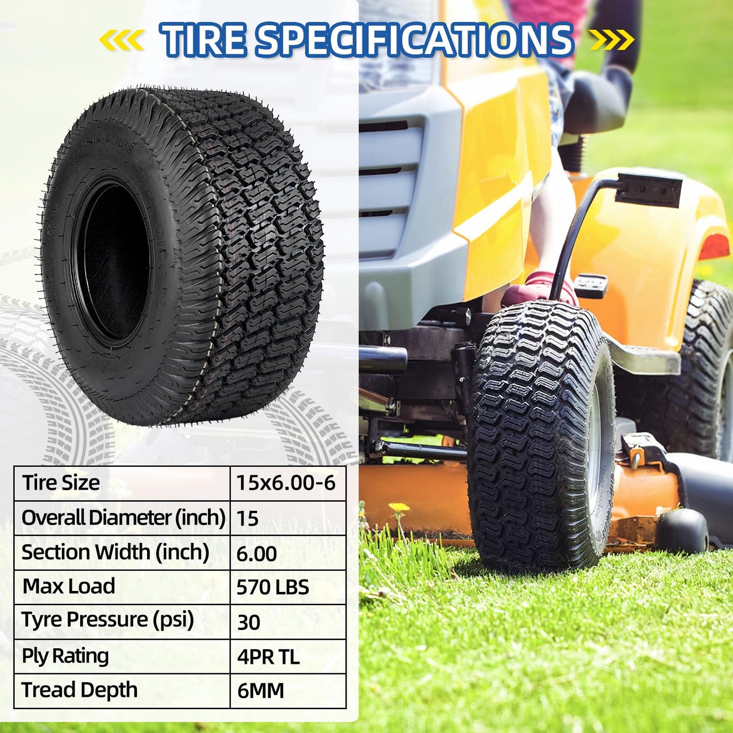 15x6.00-6 Lawn Mower Tubeless Tire, 15x6-6 Garden Tractor Lawnmower Tire, 4 Ply, Turf S Pattern(2 Pack)
