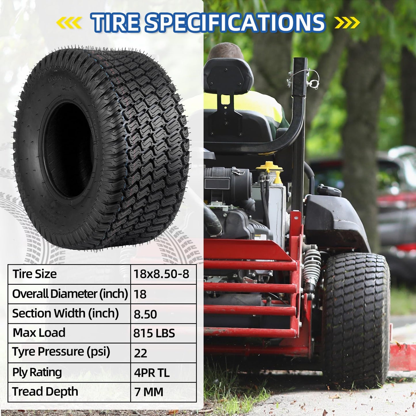 18x8.50-8 Lawn Mower Tire, 18x8.5-8 Tractor Lawnmower Tire, 4 Ply Tubeless Tire, Turf-S Pattern, Set of 2