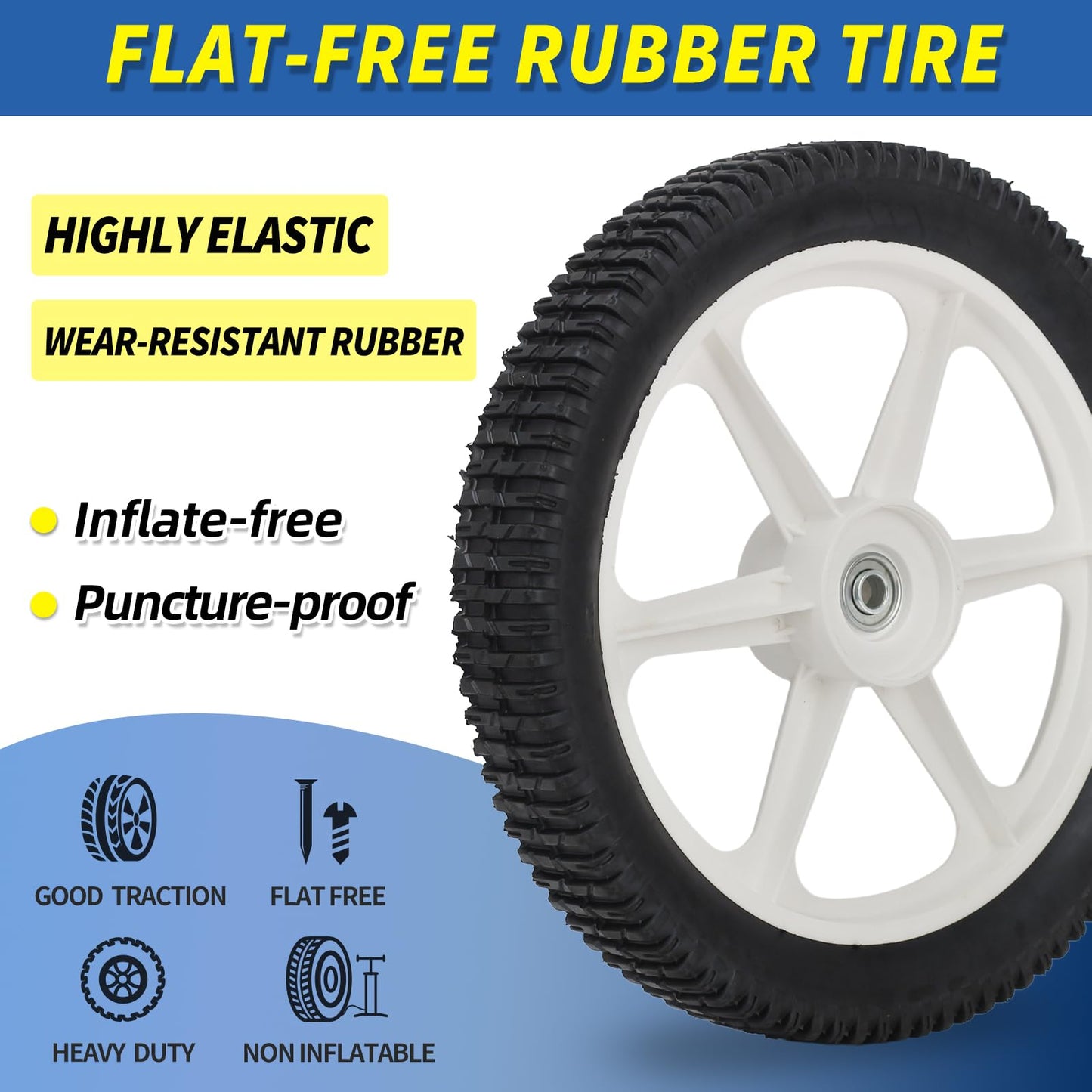 14 x 2'' Rubber Tire and Spoked Plastic Wheel, 1.75" Offset Hub Length, 1/2" Axle Bore, for Lawn Mower Trolley Dolly Wheel Replacement (2 Pack)