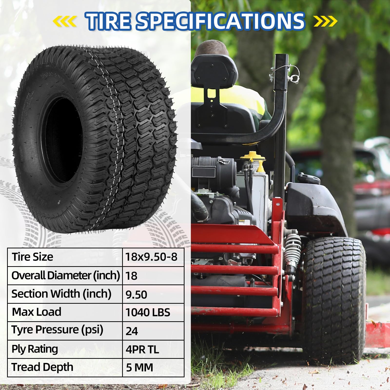 18x9.50-8 Lawn Mower Tire, 18x9.5-8 Lawn Tractor Tire, 18x9.5-8 for Riding Lawnmowers, 4 Ply, Turf-S Pattern(2 Pack)