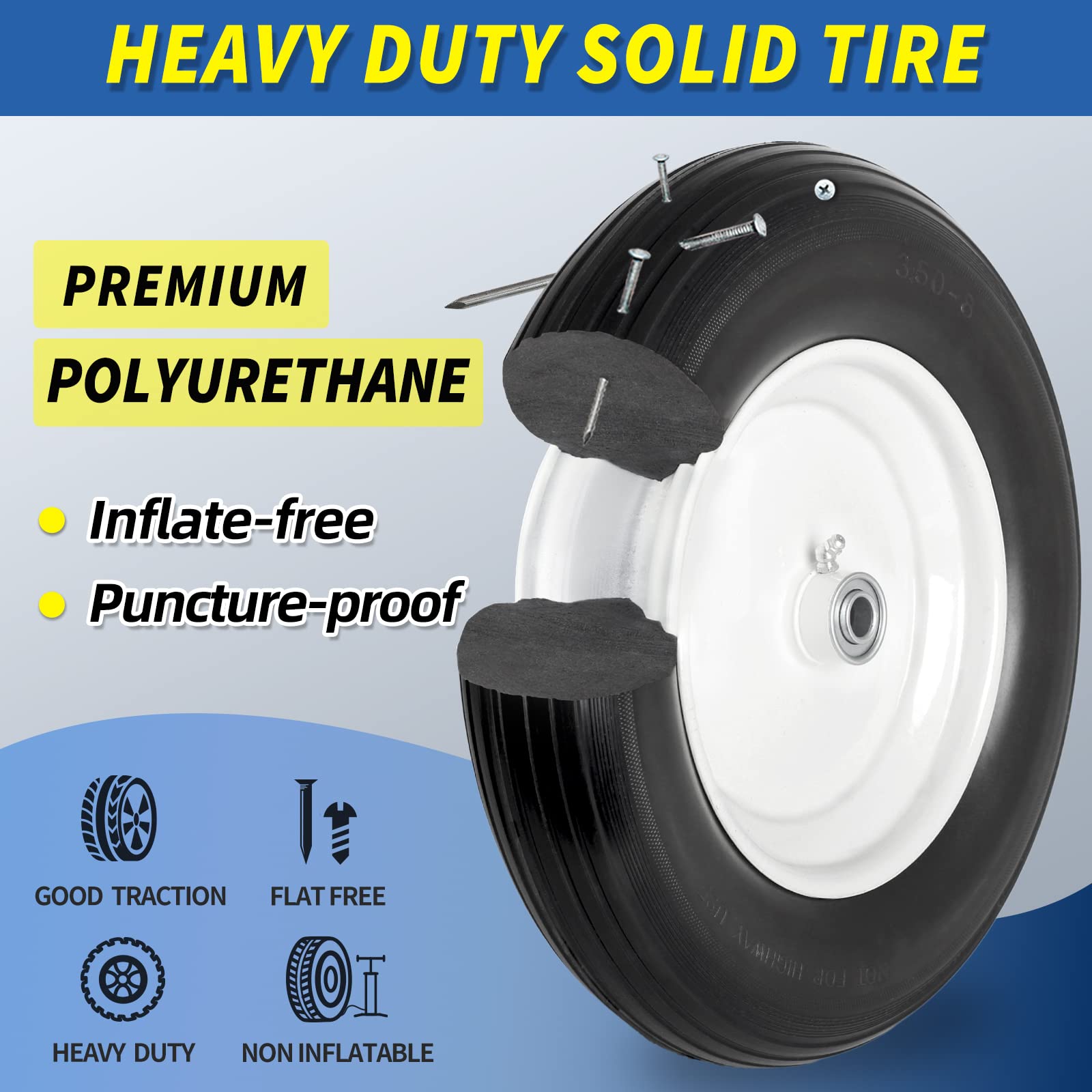 14.5" Wheelbarrow Flat Free Tire, Fits 4.80/4.00-8, 3.50/2.50-8, 4.00-6, 4.00-8, Wheelbarrow Wheels, 5/8" Bearing with Extra 3/4" Bearing, 3" -6" Centered Hub